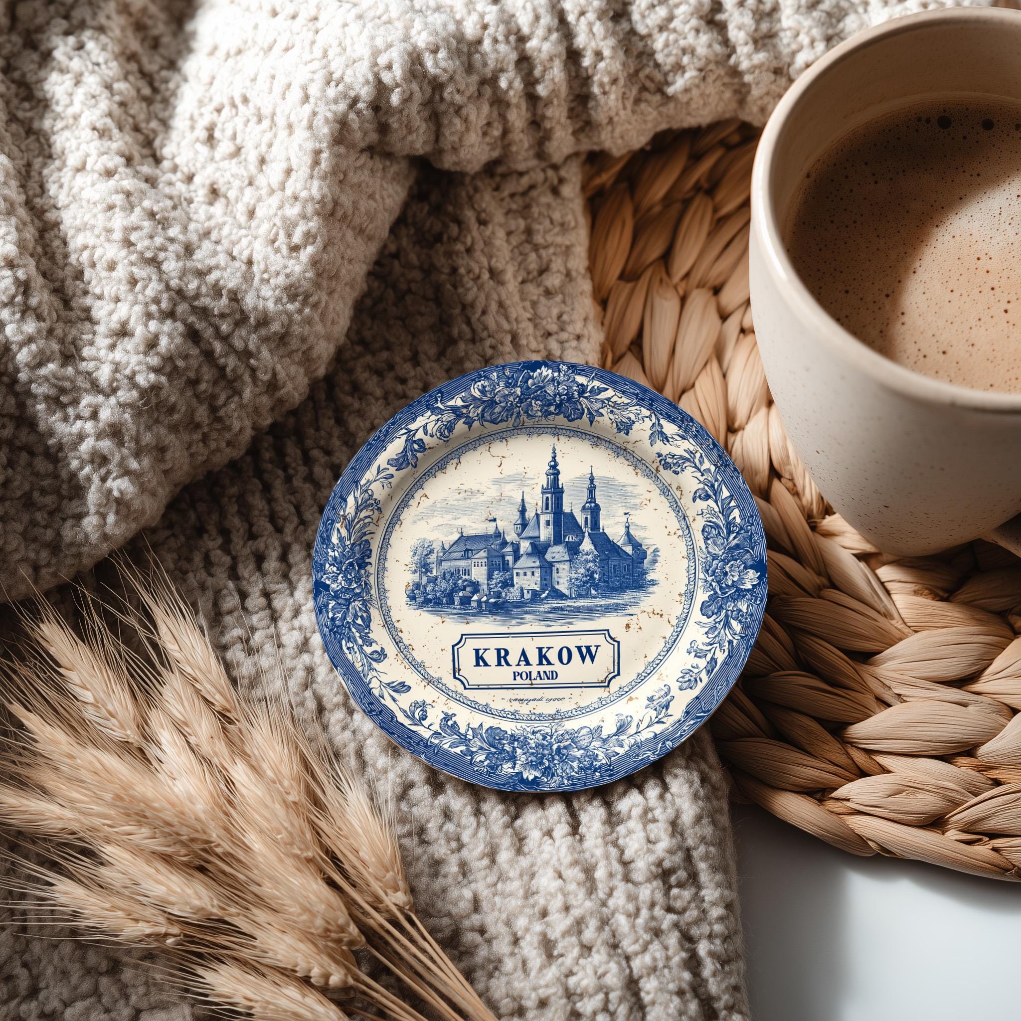 Krakow Poland Delftware Ceramic Coaster, Blue White Travel Gift, Vintage Home Decor Collectible - CuteBeePix