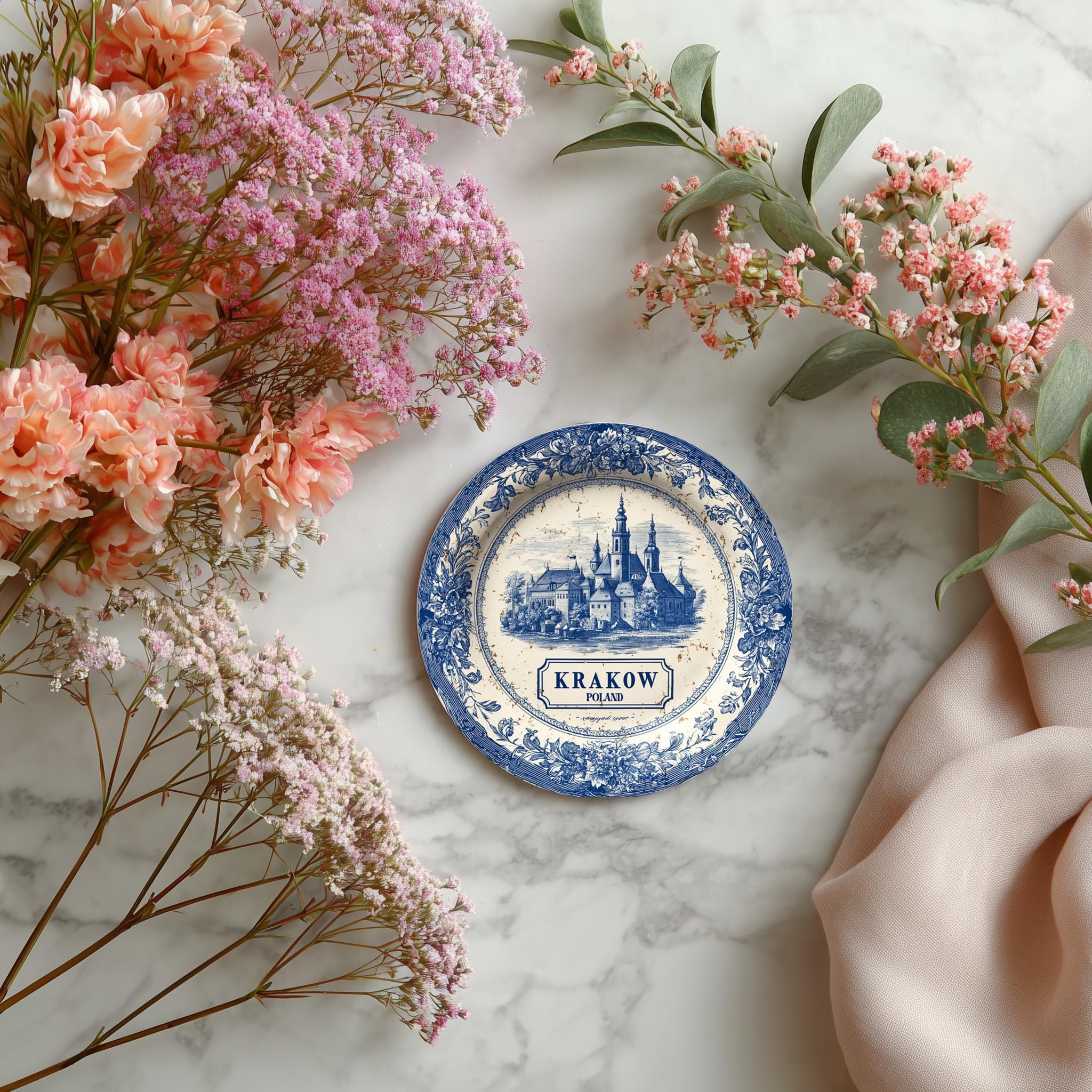 Krakow Poland Delftware Ceramic Coaster, Blue White Travel Gift, Vintage Home Decor Collectible - CuteBeePix