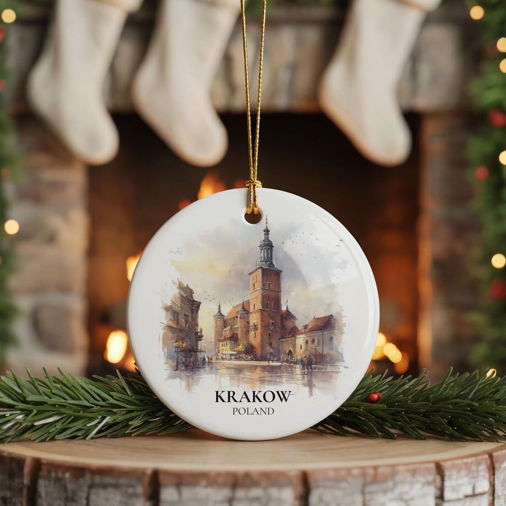 Krakow Poland Personalized Watercolor Ornament, Custom Ceramic Christmas gift, Travel Keepsake - CuteBeePix