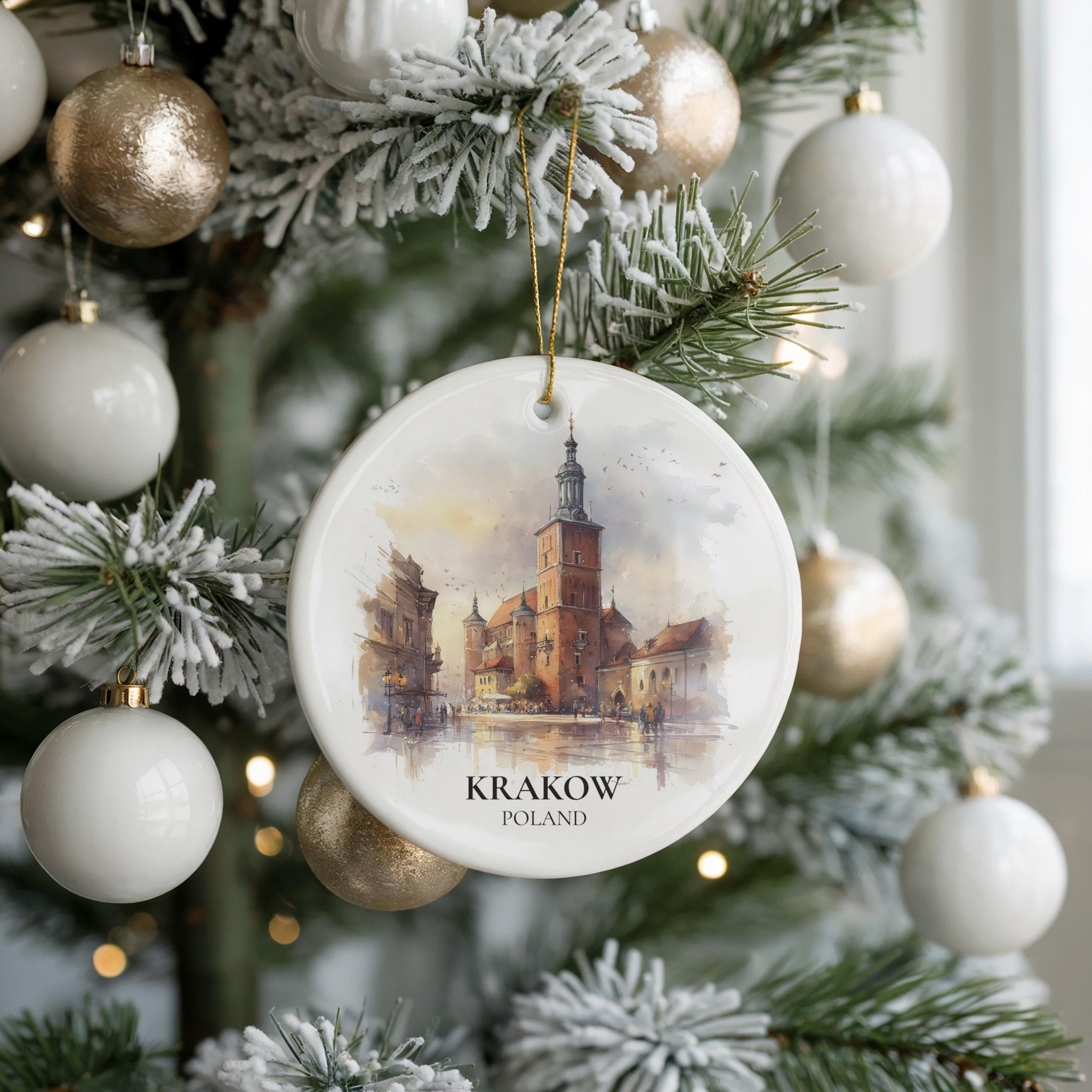 Krakow Poland Personalized Watercolor Ornament, Custom Ceramic Christmas gift, Travel Keepsake - CuteBeePix