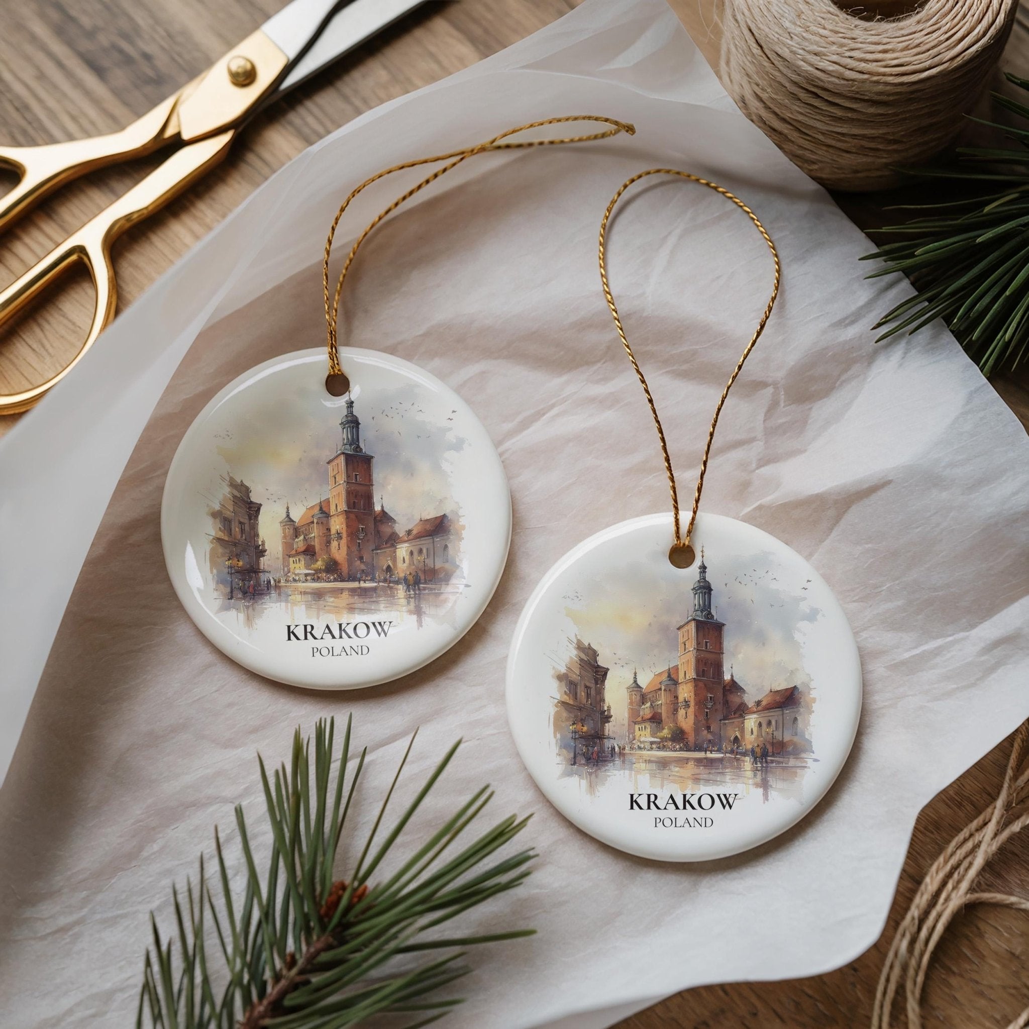 Krakow Poland Personalized Watercolor Ornament, Custom Ceramic Christmas gift, Travel Keepsake - CuteBeePix