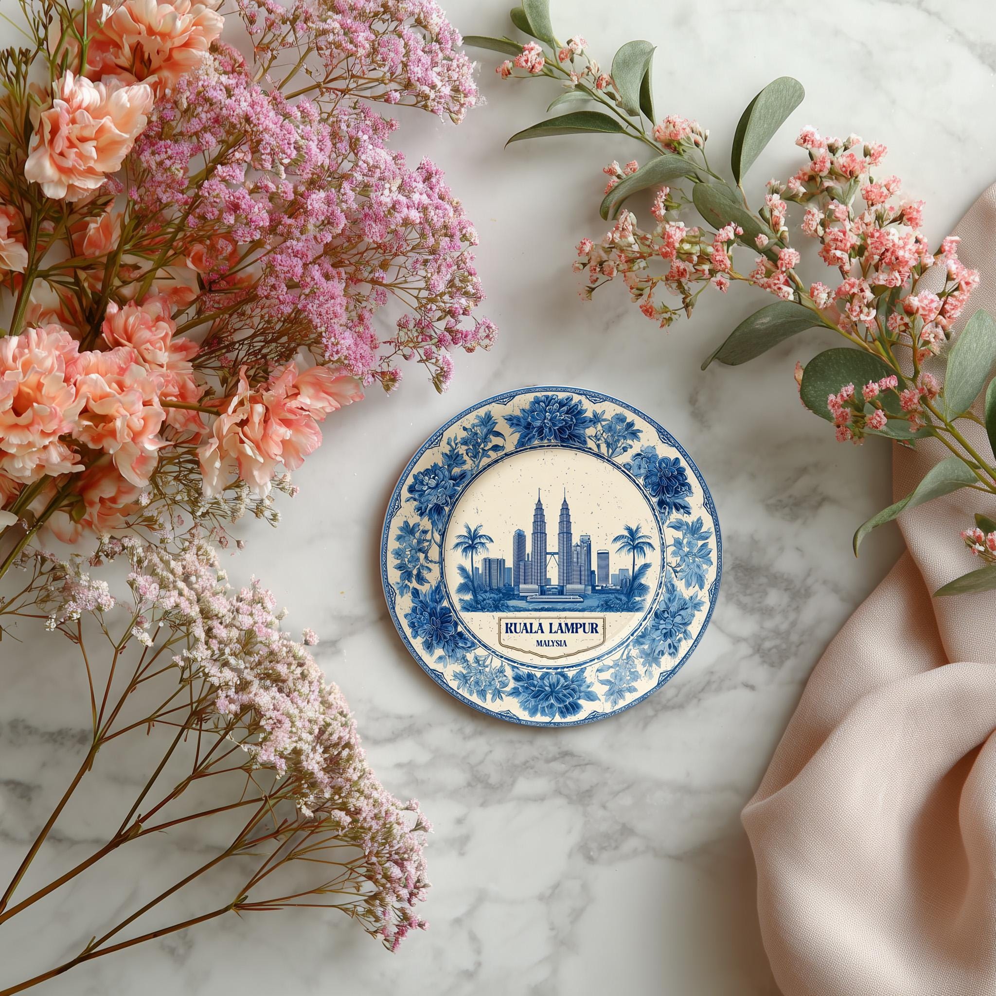 Kuala Lumpur Malaysia Delftware Ceramic Coaster, Blue White Travel Gift, Vintage Home Decor Collectible - CuteBeePix