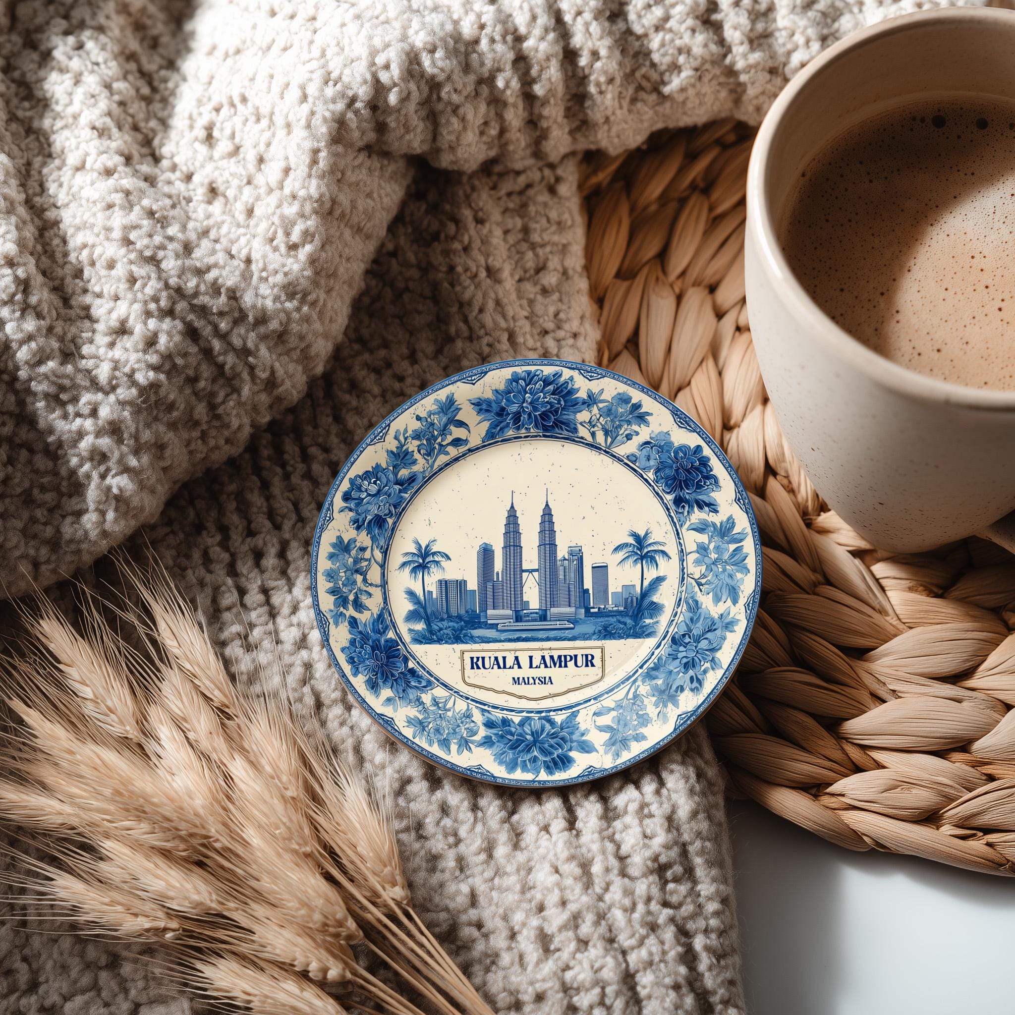 Kuala Lumpur Malaysia Delftware Ceramic Coaster, Blue White Travel Gift, Vintage Home Decor Collectible - CuteBeePix