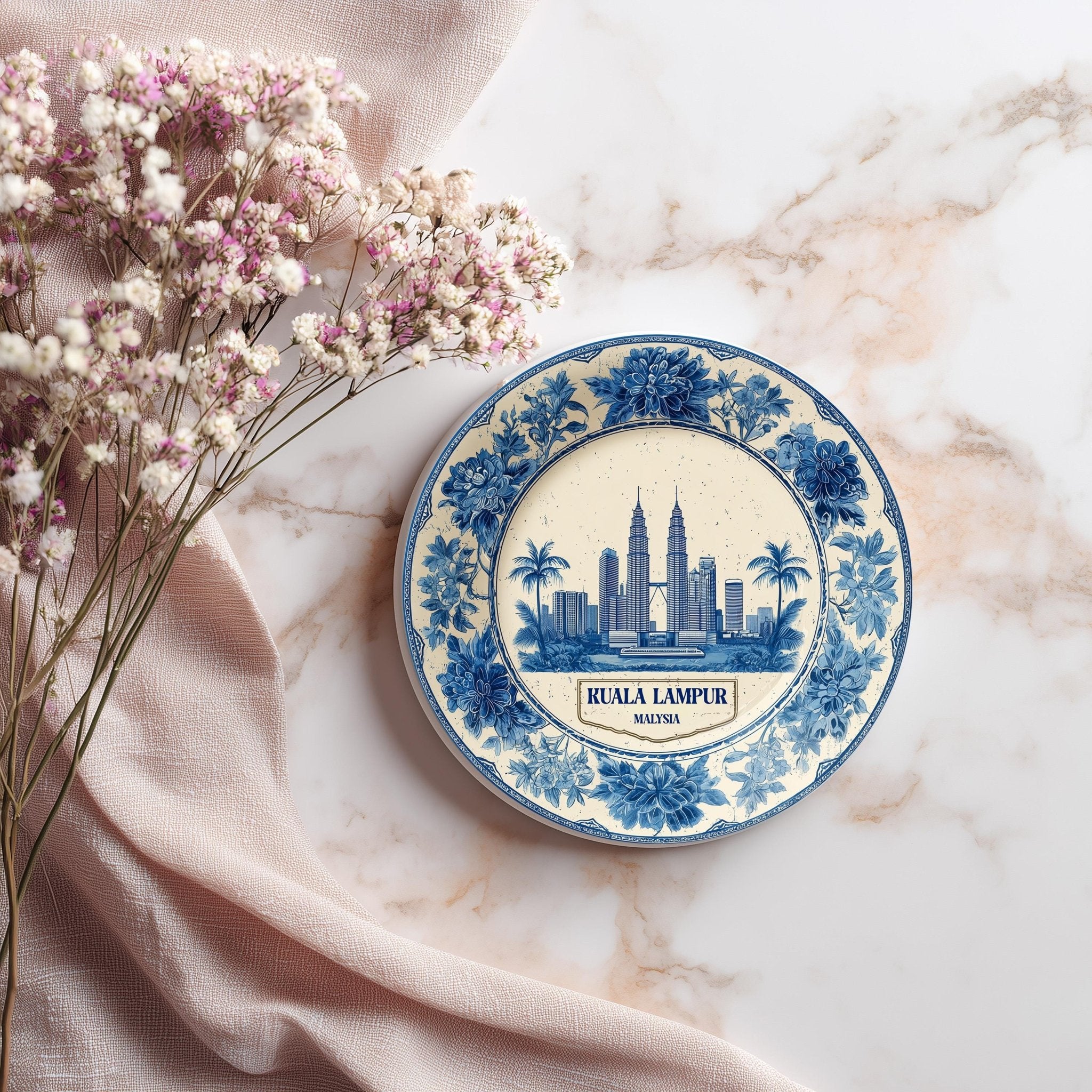 Kuala Lumpur Malaysia Delftware Ceramic Coaster, Blue White Travel Gift, Vintage Home Decor Collectible - CuteBeePix