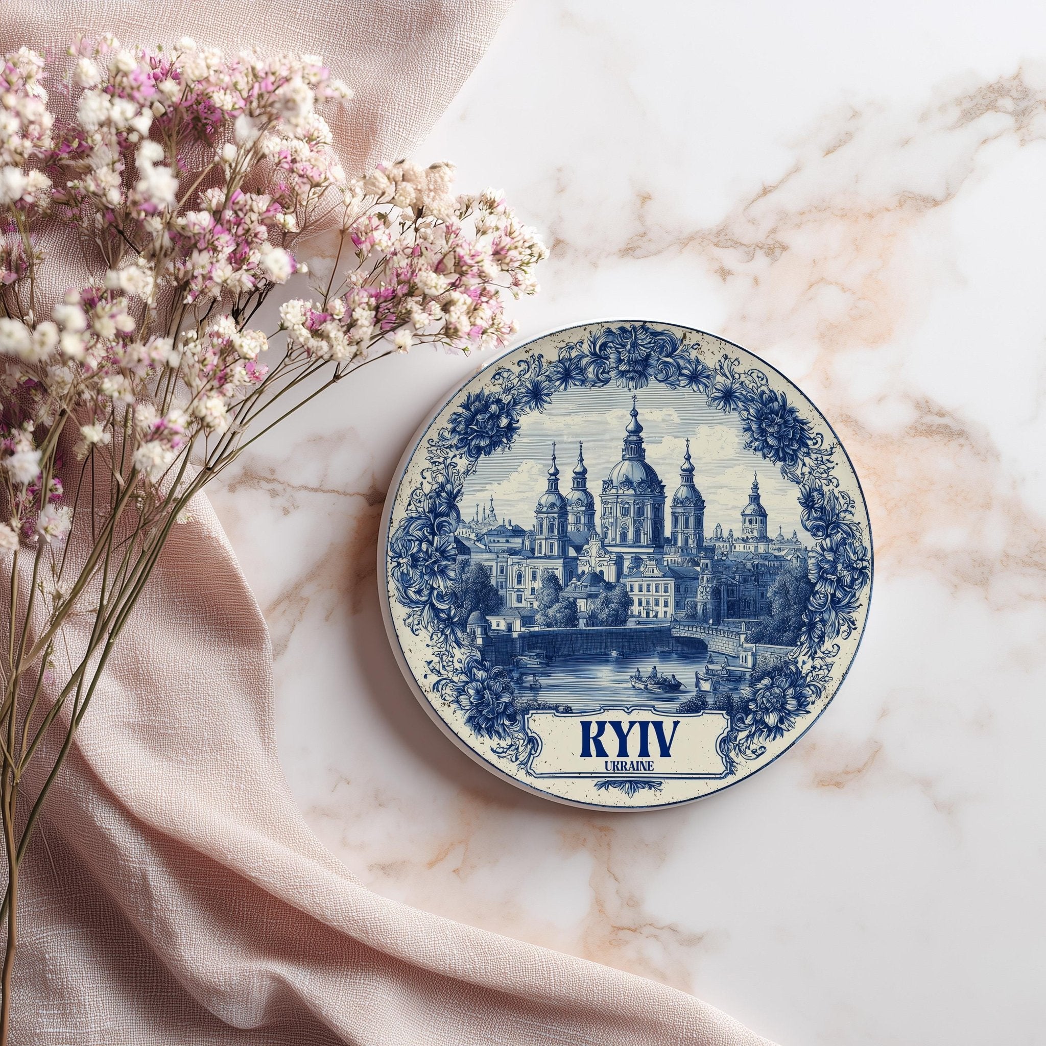 Kyiv Ukraine Delftware Ceramic Coaster, Blue White Travel Gift, Vintage Home Decor Collectible - CuteBeePix