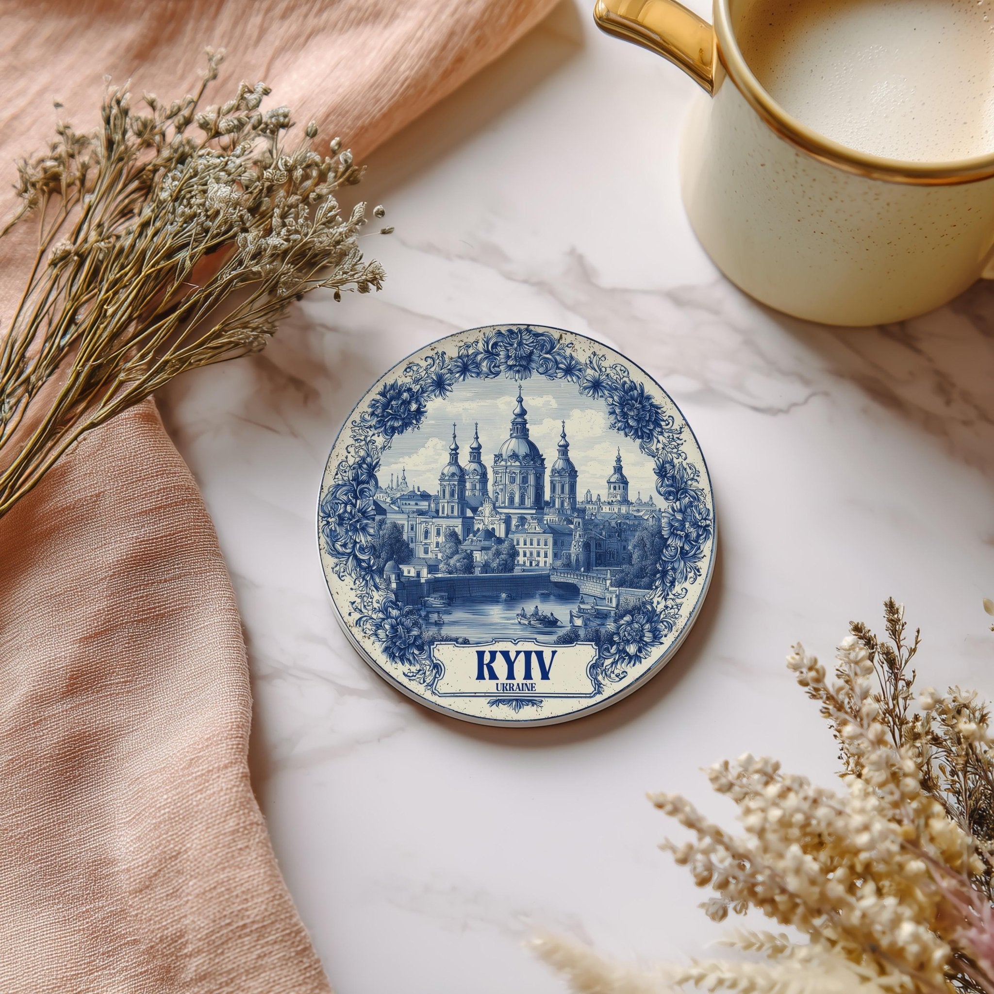 Kyiv Ukraine Delftware Ceramic Coaster, Blue White Travel Gift, Vintage Home Decor Collectible - CuteBeePix