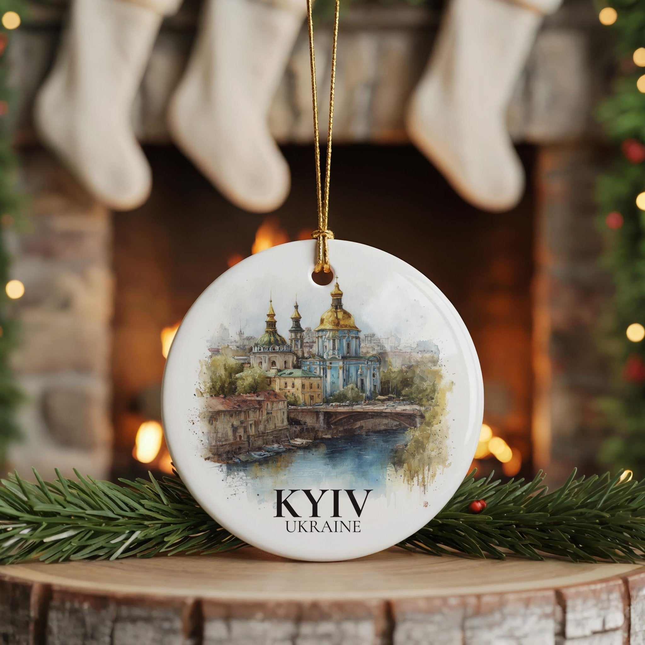 Kyiv Ukraine Personalized Watercolor Ornament, Custom Ceramic Christmas gift, Travel Keepsake - CuteBeePix