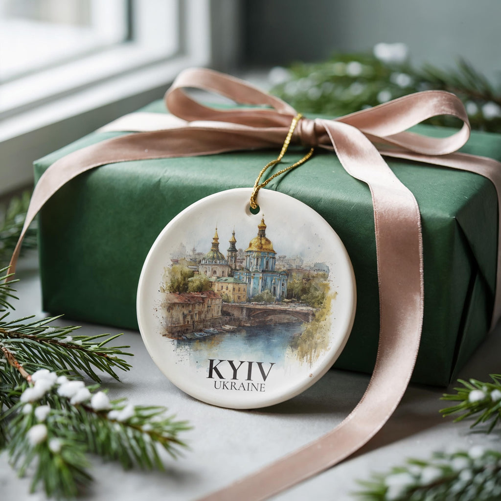 Kyiv Ukraine Personalized Watercolor Ornament, Custom Ceramic Christmas gift, Travel Keepsake - CuteBeePix