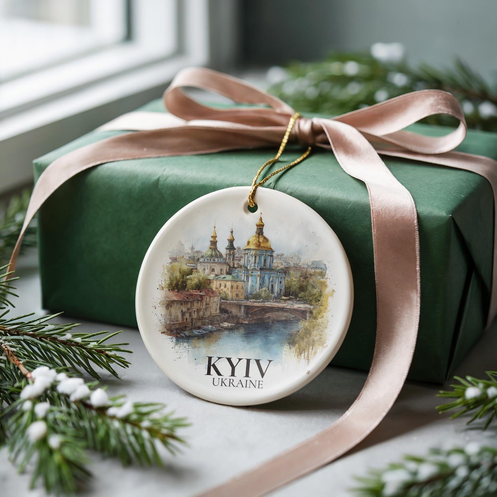 Kyiv Ukraine Personalized Watercolor Ornament, Custom Ceramic Christmas gift, Travel Keepsake - CuteBeePix