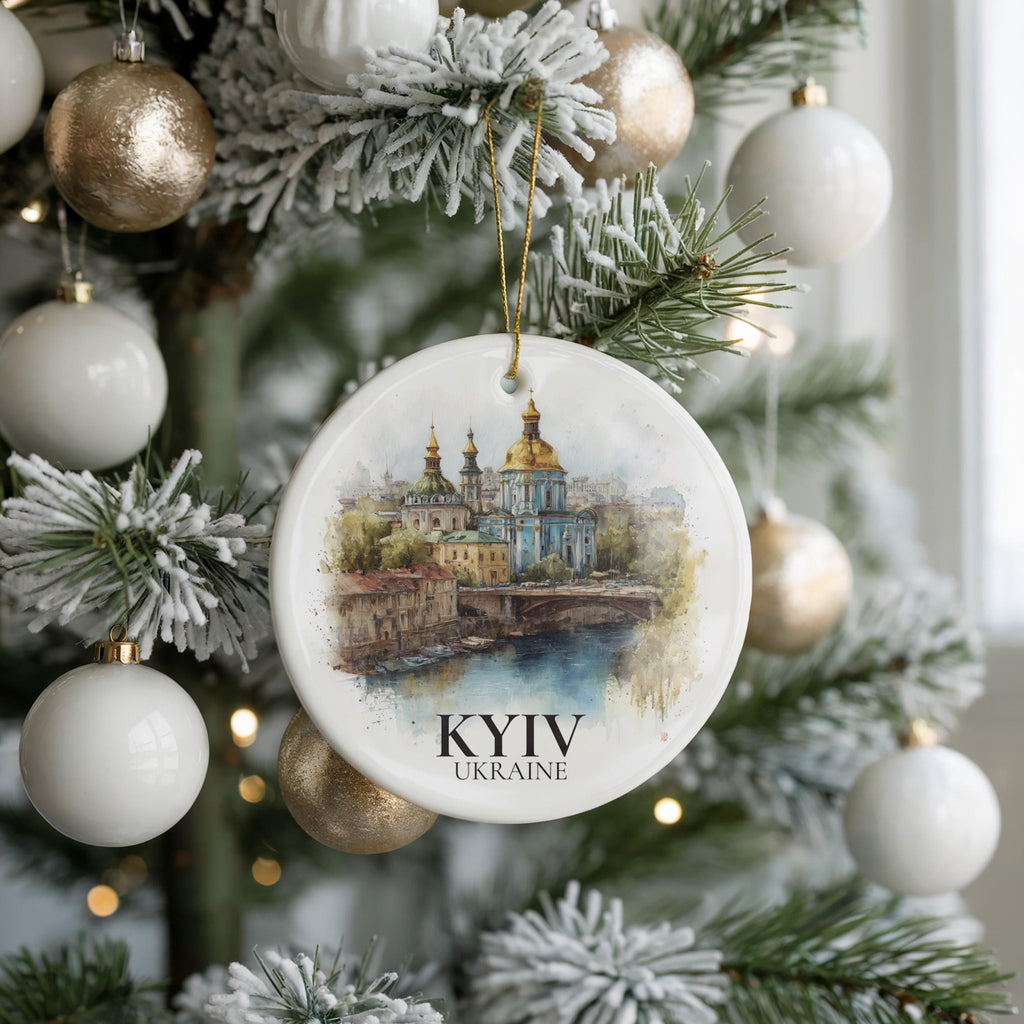 Kyiv Ukraine Personalized Watercolor Ornament, Custom Ceramic Christmas gift, Travel Keepsake - CuteBeePix
