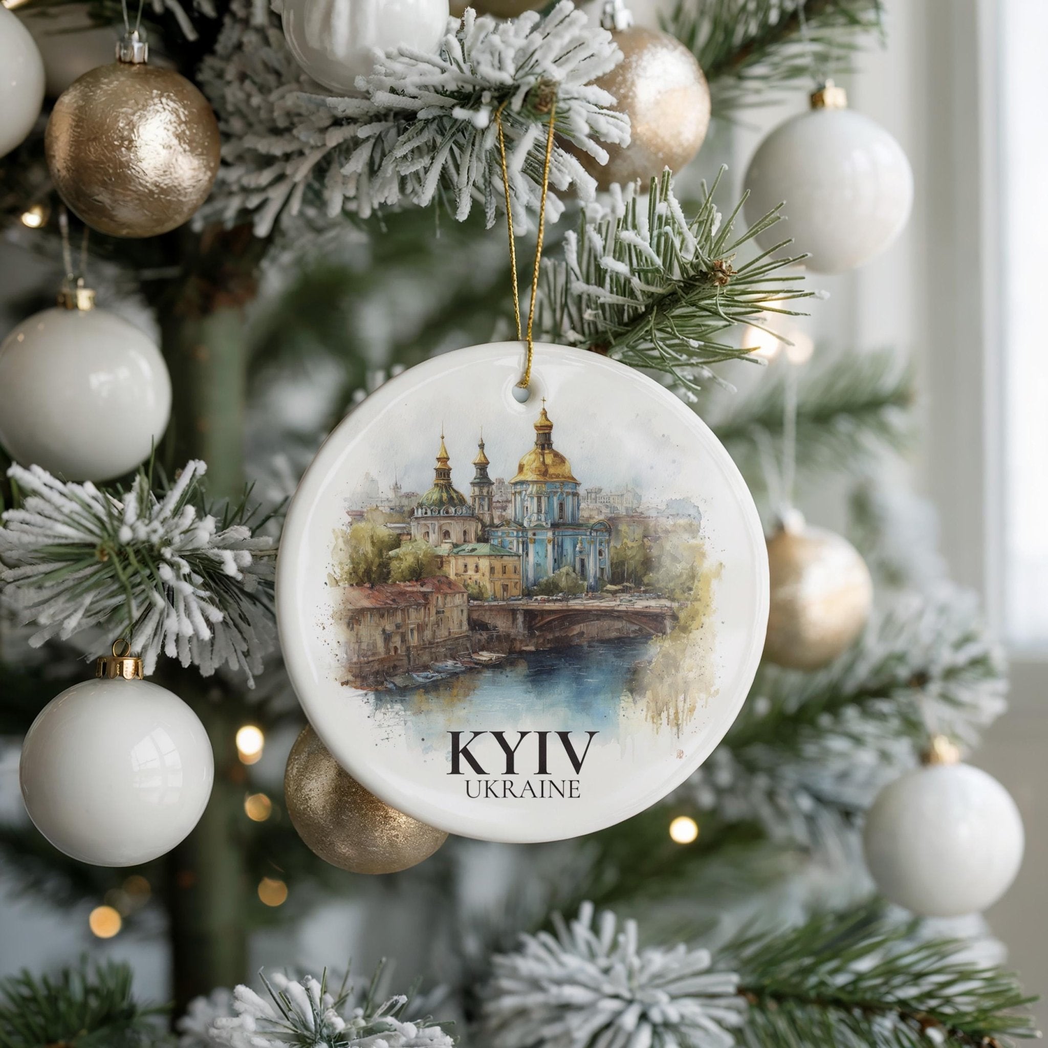 Kyiv Ukraine Personalized Watercolor Ornament, Custom Ceramic Christmas gift, Travel Keepsake - CuteBeePix