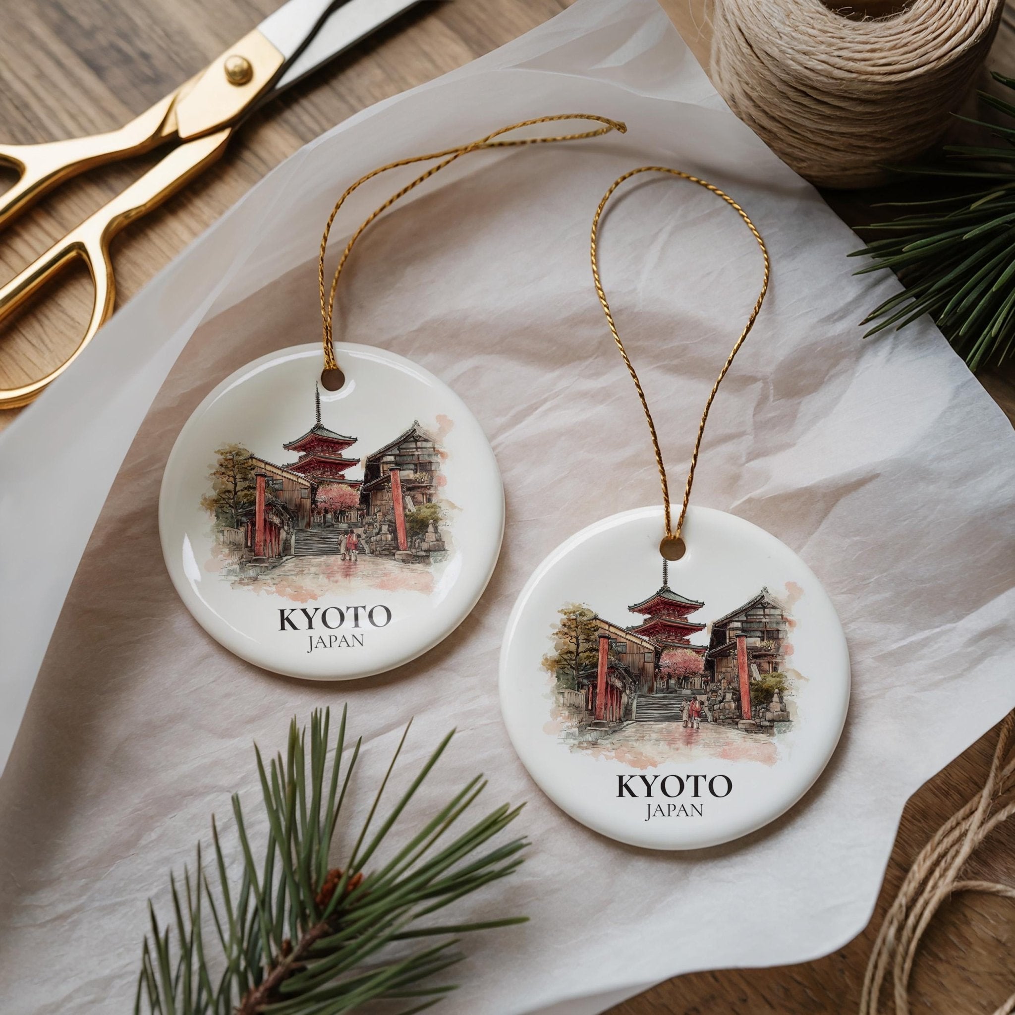 Kyoto Japan Personalized Watercolor Ornament, Custom Ceramic Christmas gift, Travel Keepsake - CuteBeePix
