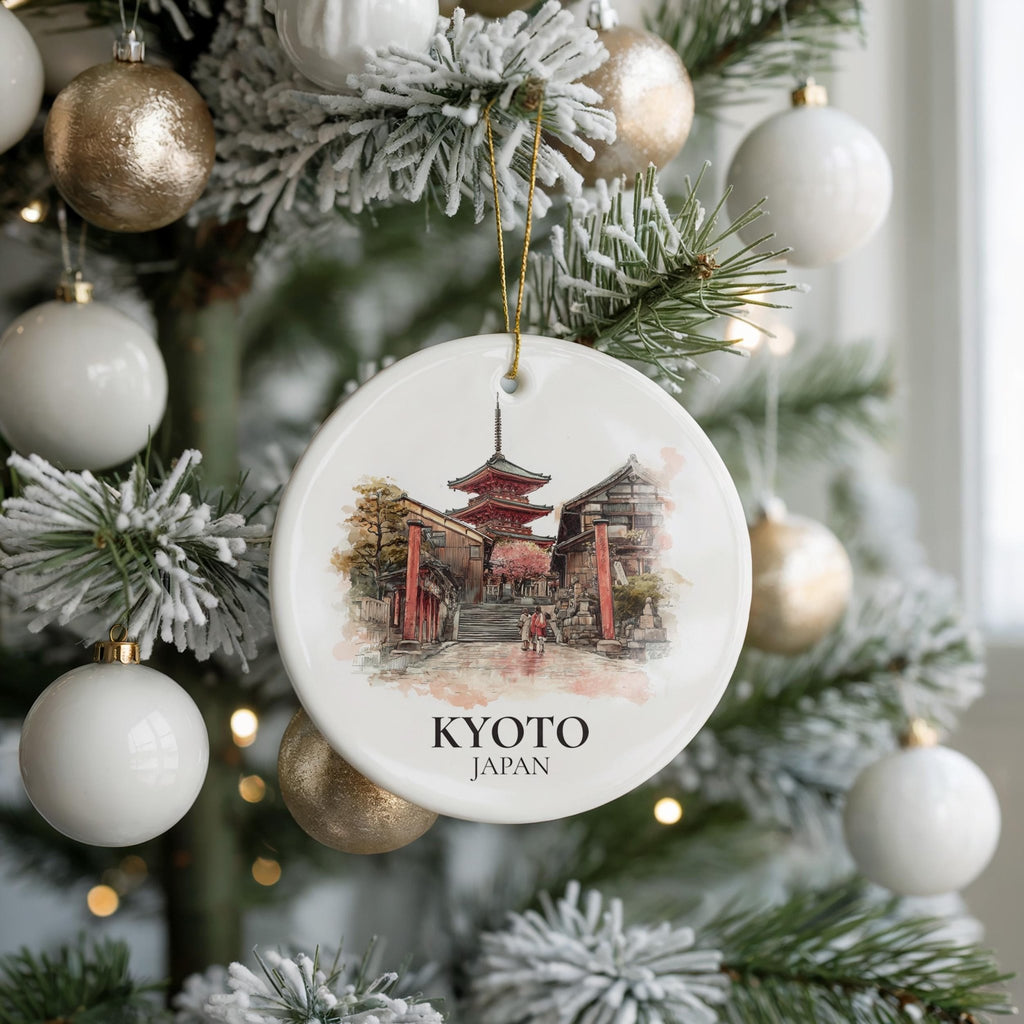 Kyoto Japan Personalized Watercolor Ornament, Custom Ceramic Christmas gift, Travel Keepsake - CuteBeePix