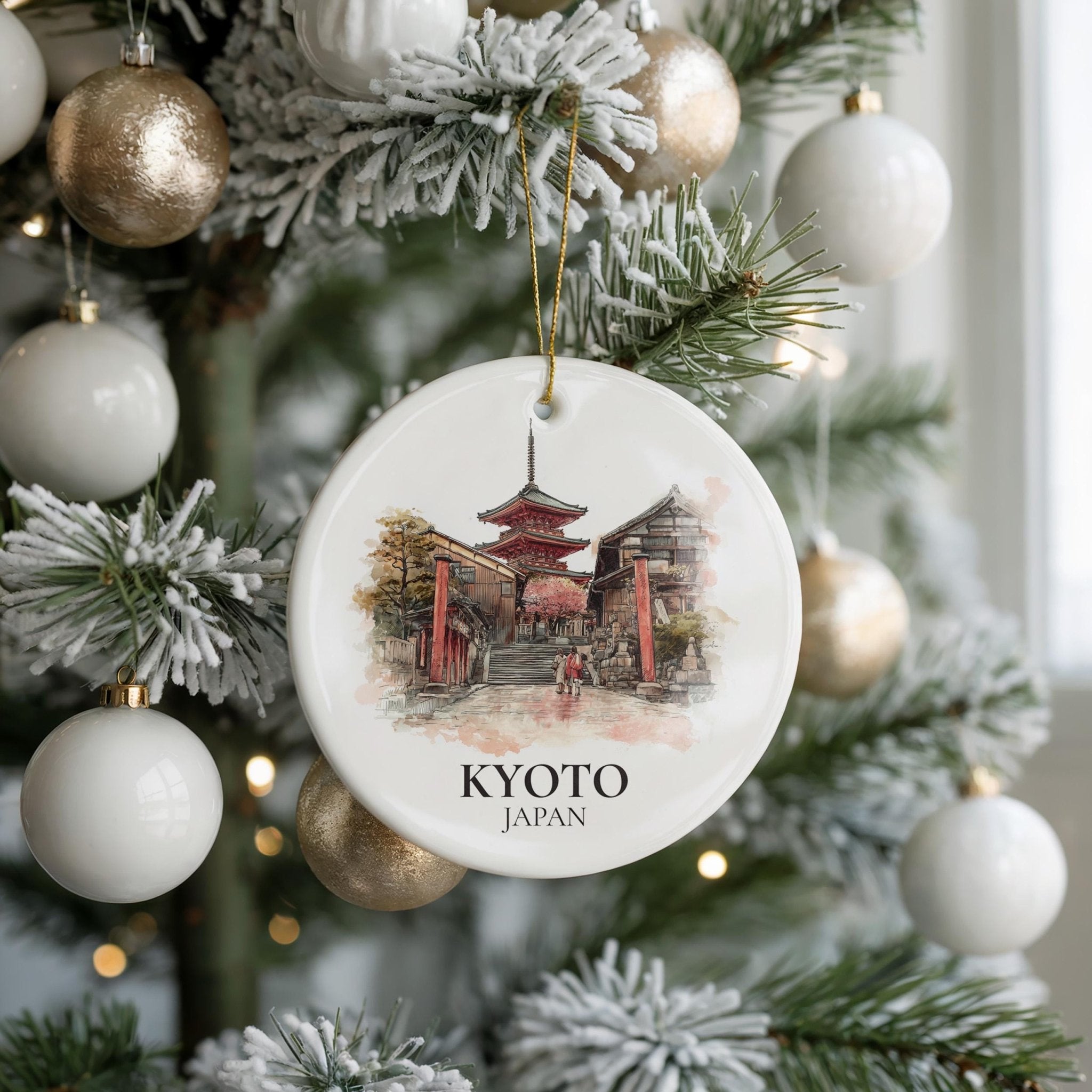Kyoto Japan Personalized Watercolor Ornament, Custom Ceramic Christmas gift, Travel Keepsake - CuteBeePix