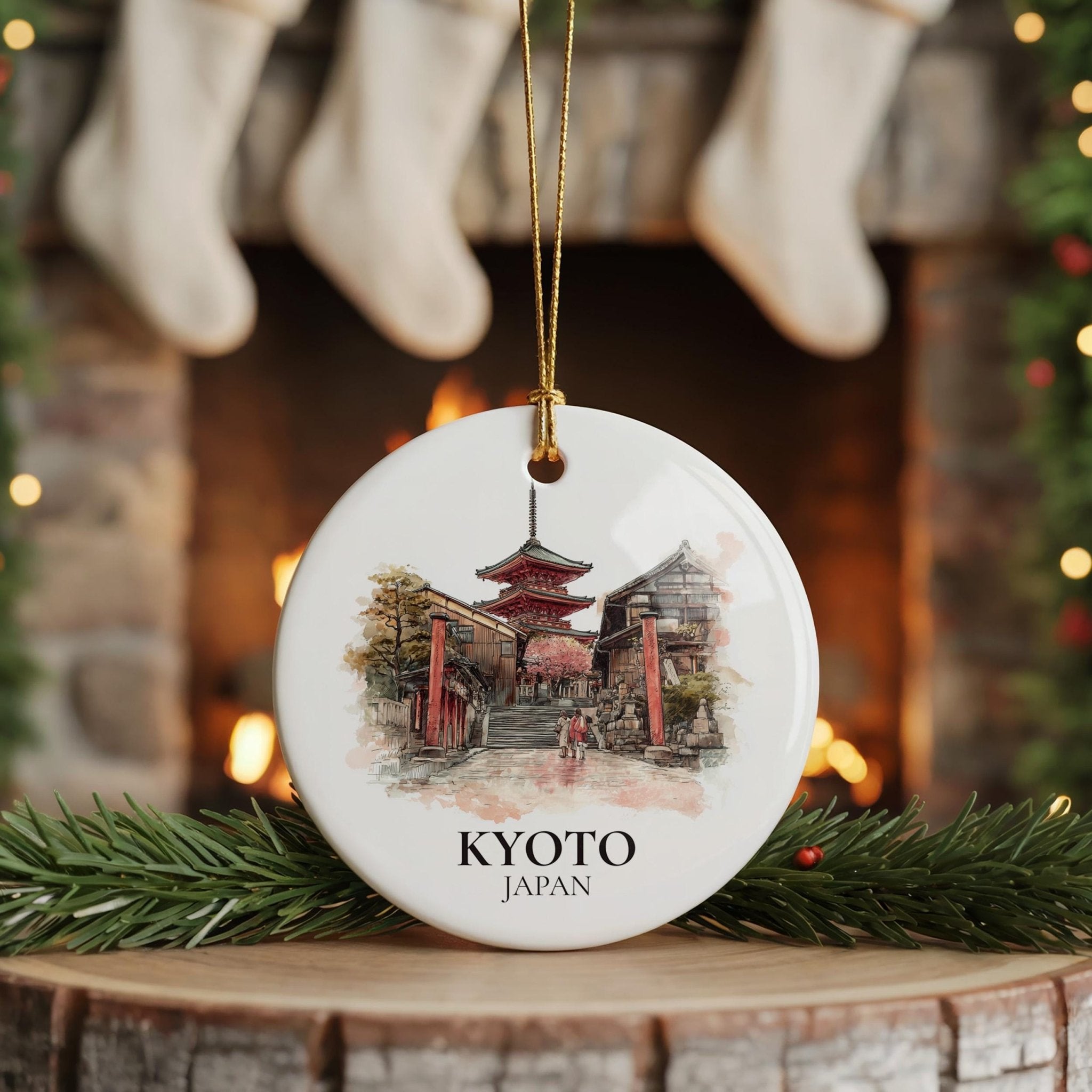 Kyoto Japan Personalized Watercolor Ornament, Custom Ceramic Christmas gift, Travel Keepsake - CuteBeePix