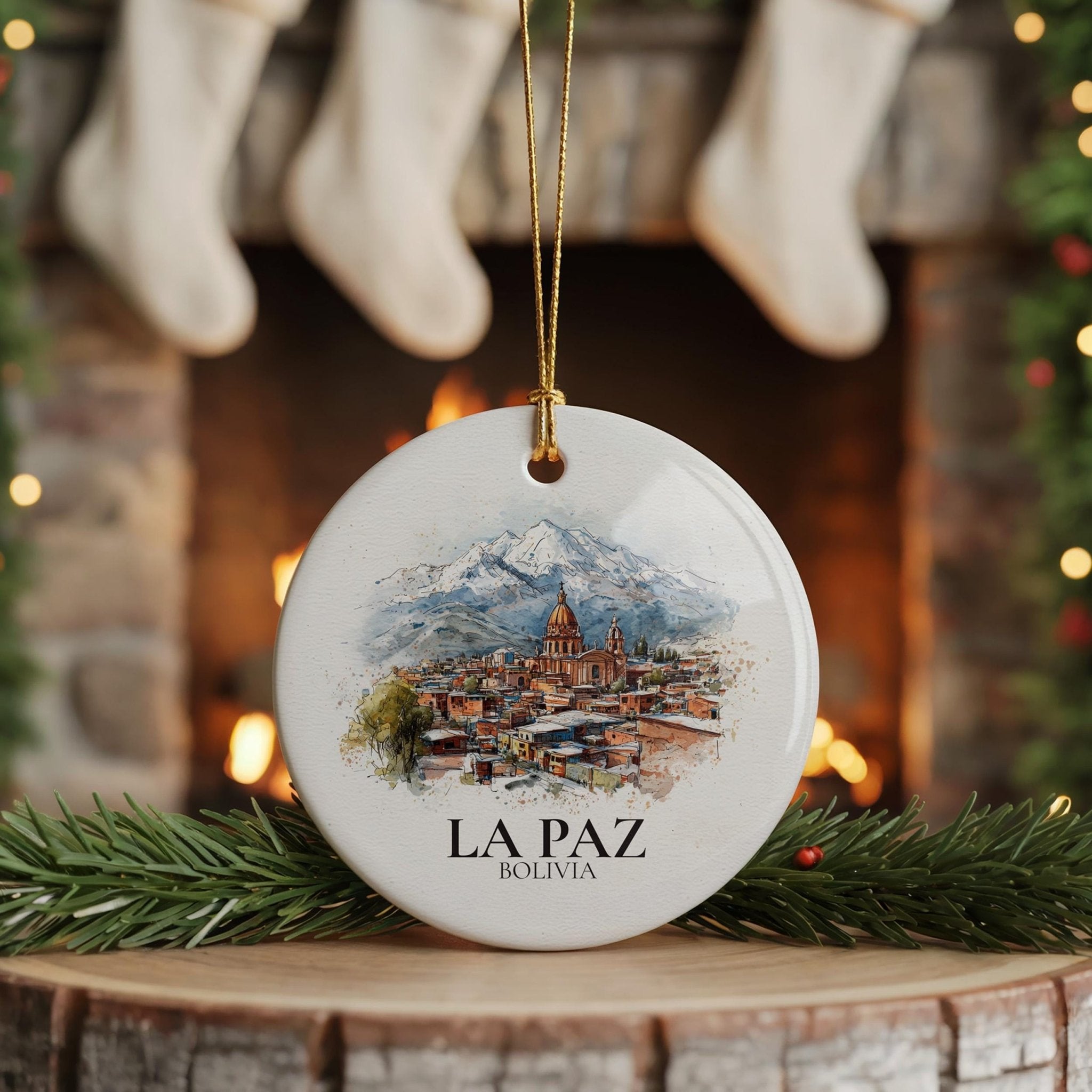 La Paz Bolivia Personalized Watercolor Ornament, Custom Ceramic Christmas gift, Travel Keepsake - CuteBeePix