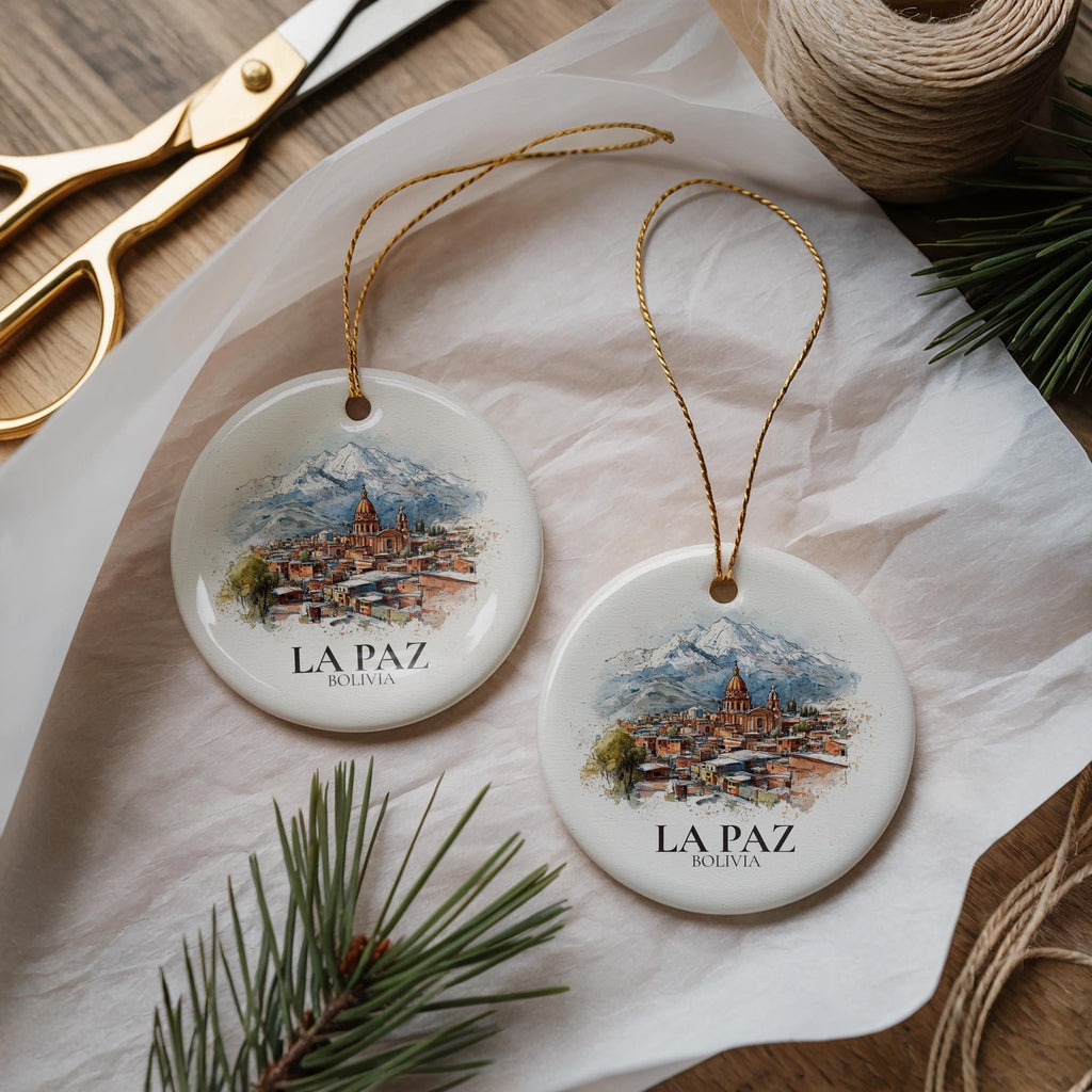 La Paz Bolivia Personalized Watercolor Ornament, Custom Ceramic Christmas gift, Travel Keepsake - CuteBeePix