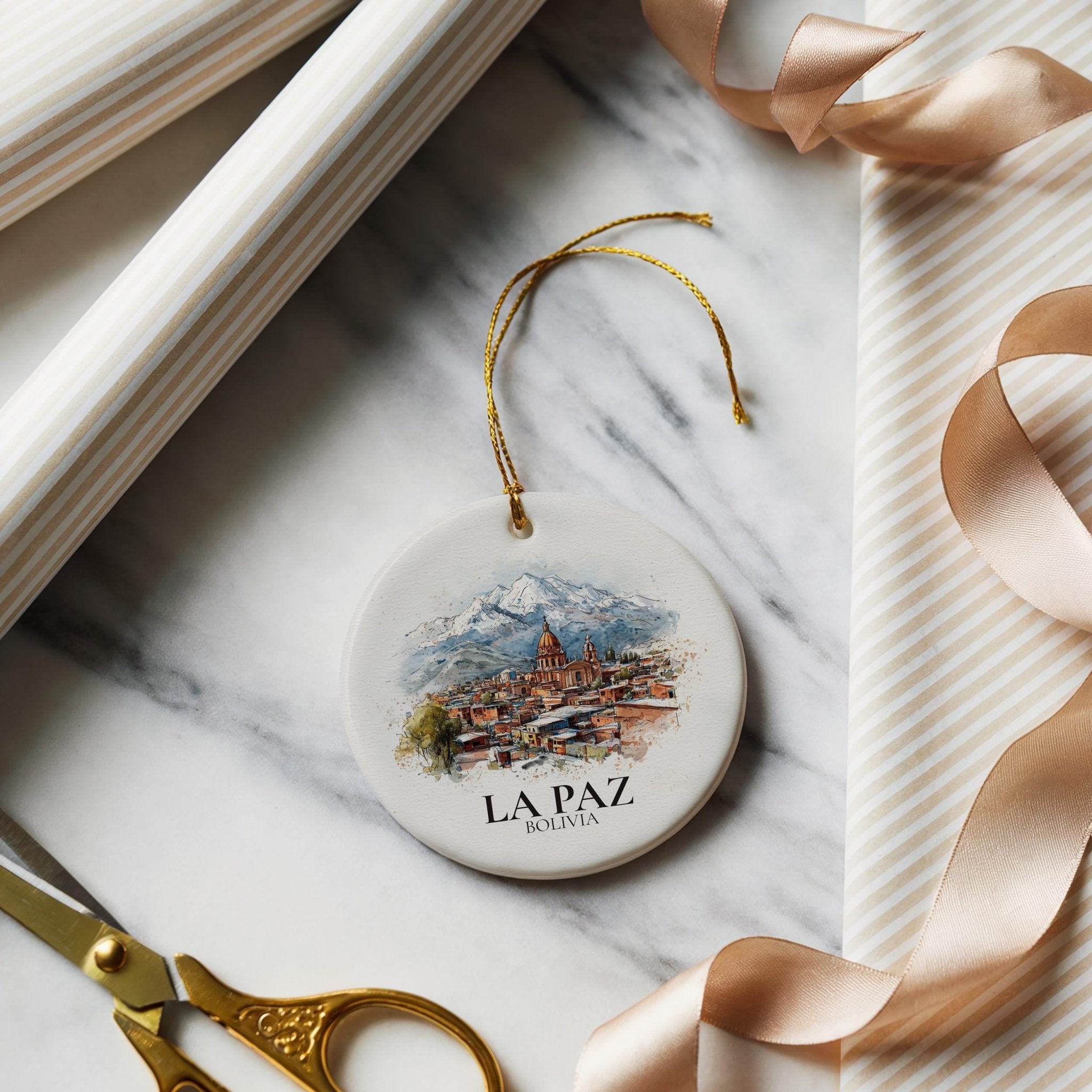 La Paz Bolivia Personalized Watercolor Ornament, Custom Ceramic Christmas gift, Travel Keepsake - CuteBeePix