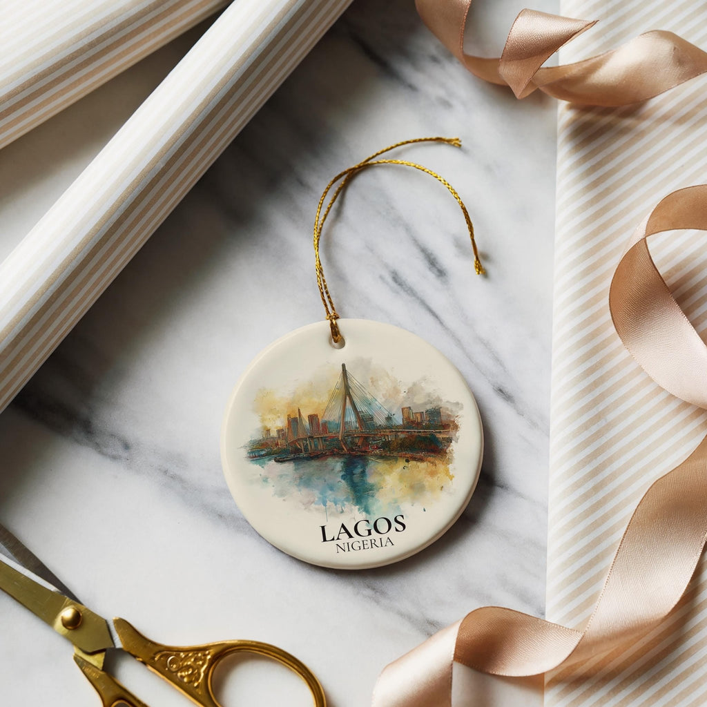 Lagos Nigeria Personalized Watercolor Ornament, Custom Ceramic Christmas gift, Travel Keepsake - CuteBeePix