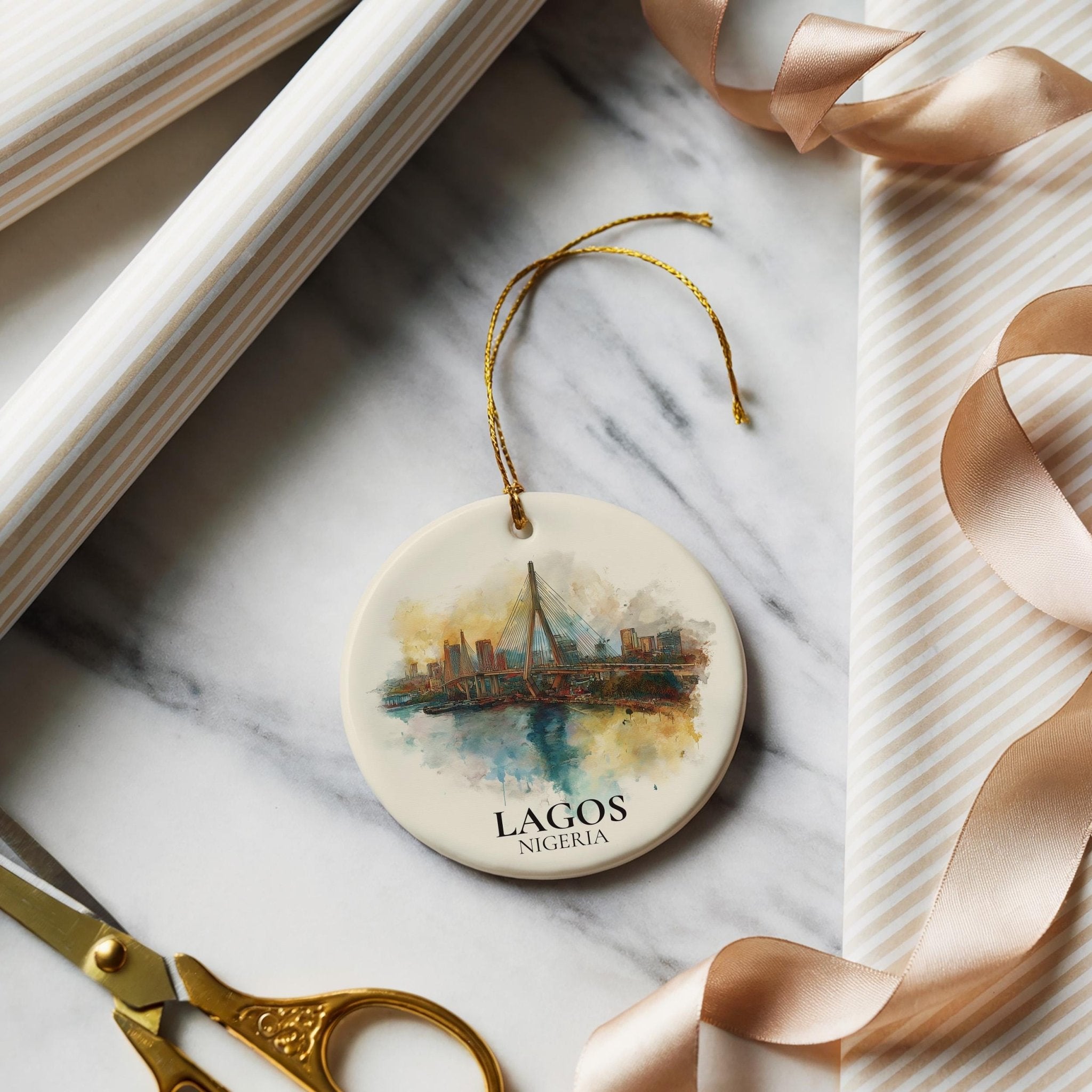 Lagos Nigeria Personalized Watercolor Ornament, Custom Ceramic Christmas gift, Travel Keepsake - CuteBeePix