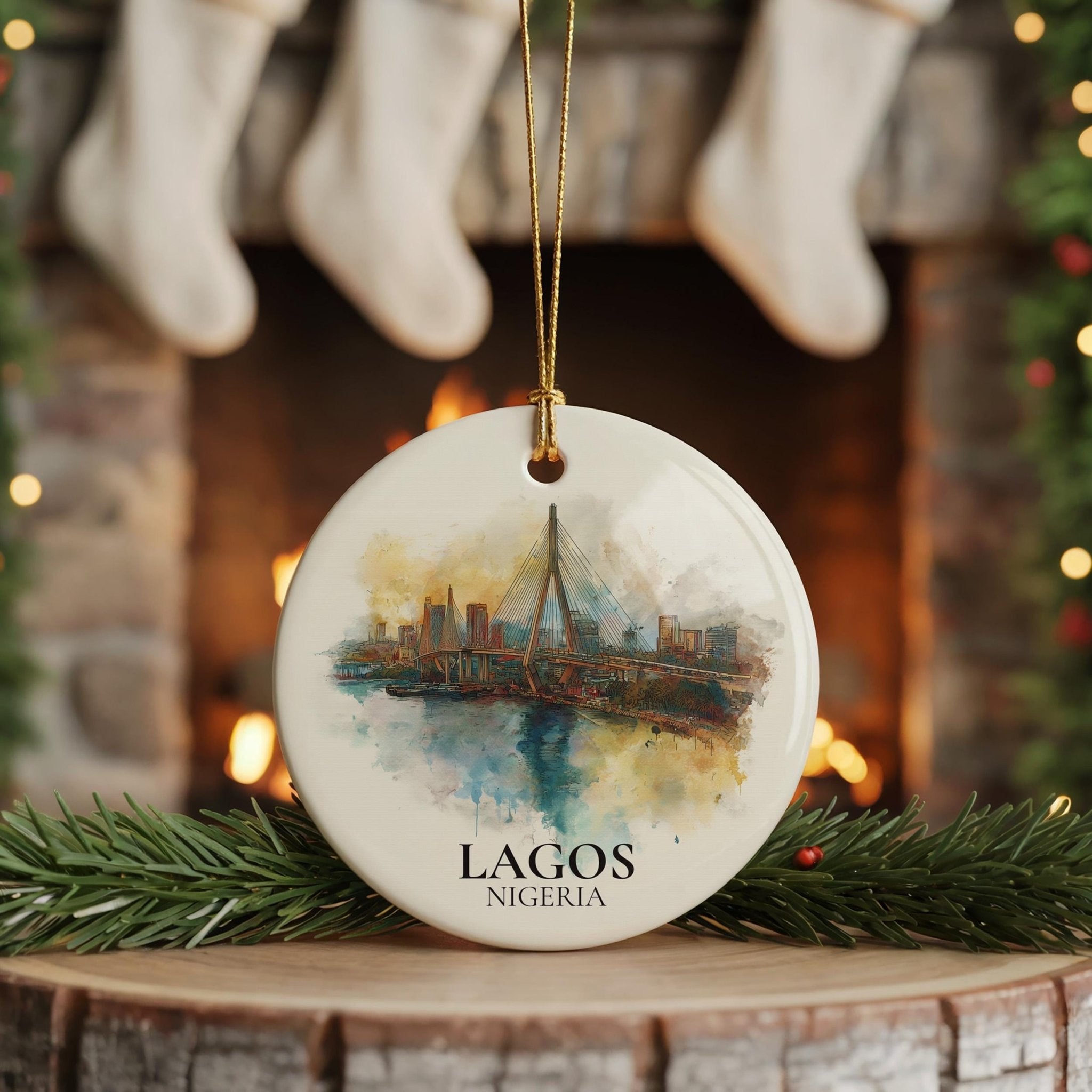 Lagos Nigeria Personalized Watercolor Ornament, Custom Ceramic Christmas gift, Travel Keepsake - CuteBeePix
