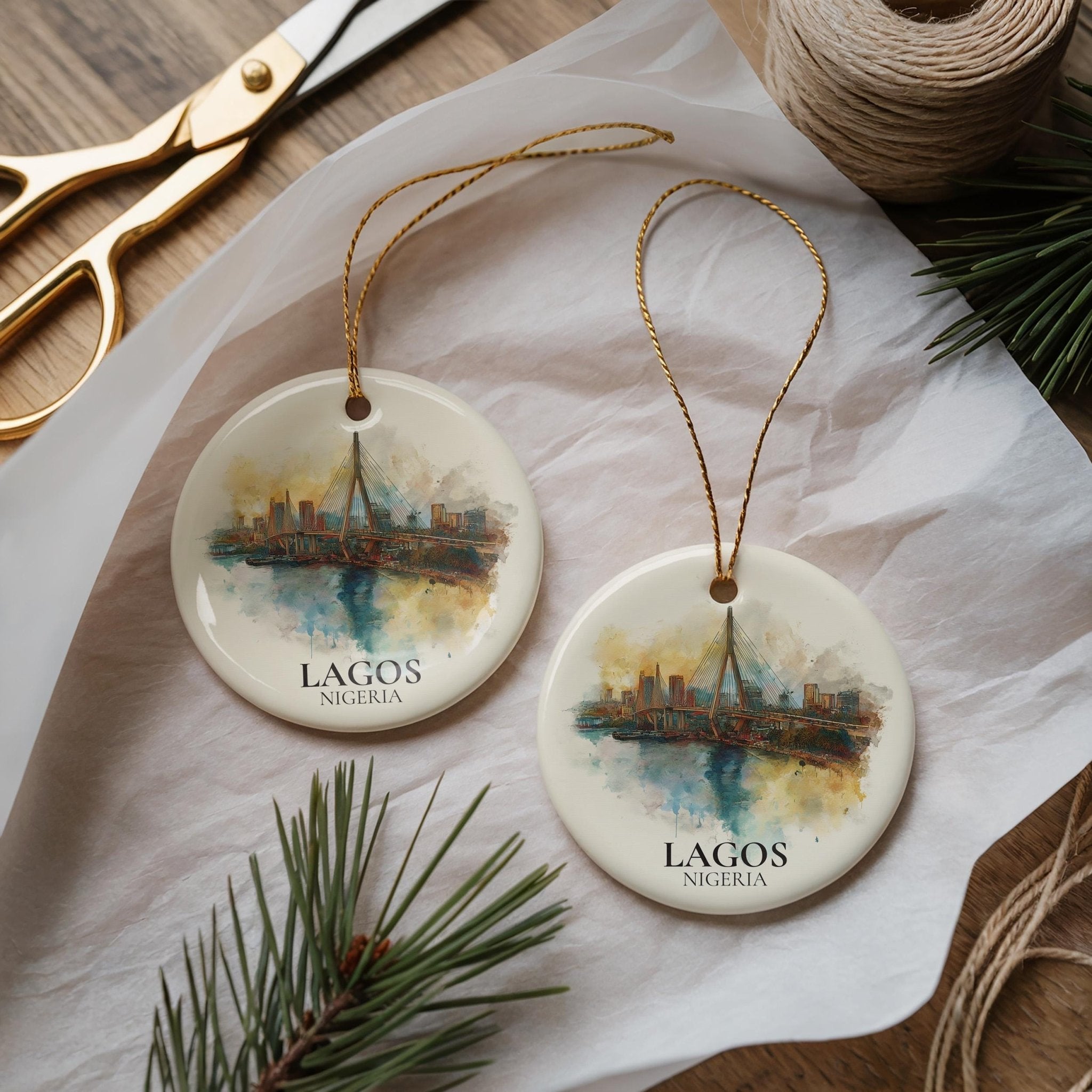 Lagos Nigeria Personalized Watercolor Ornament, Custom Ceramic Christmas gift, Travel Keepsake - CuteBeePix