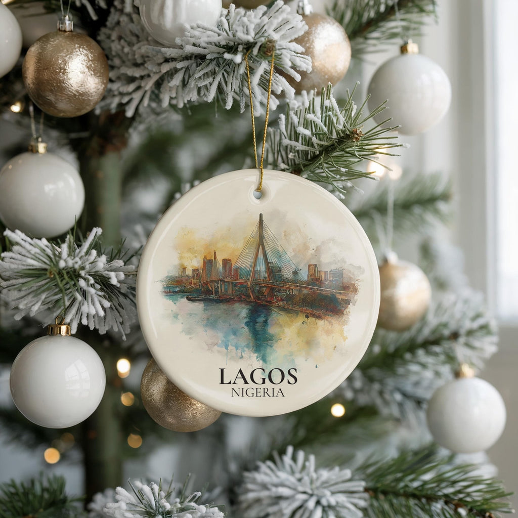 Lagos Nigeria Personalized Watercolor Ornament, Custom Ceramic Christmas gift, Travel Keepsake - CuteBeePix