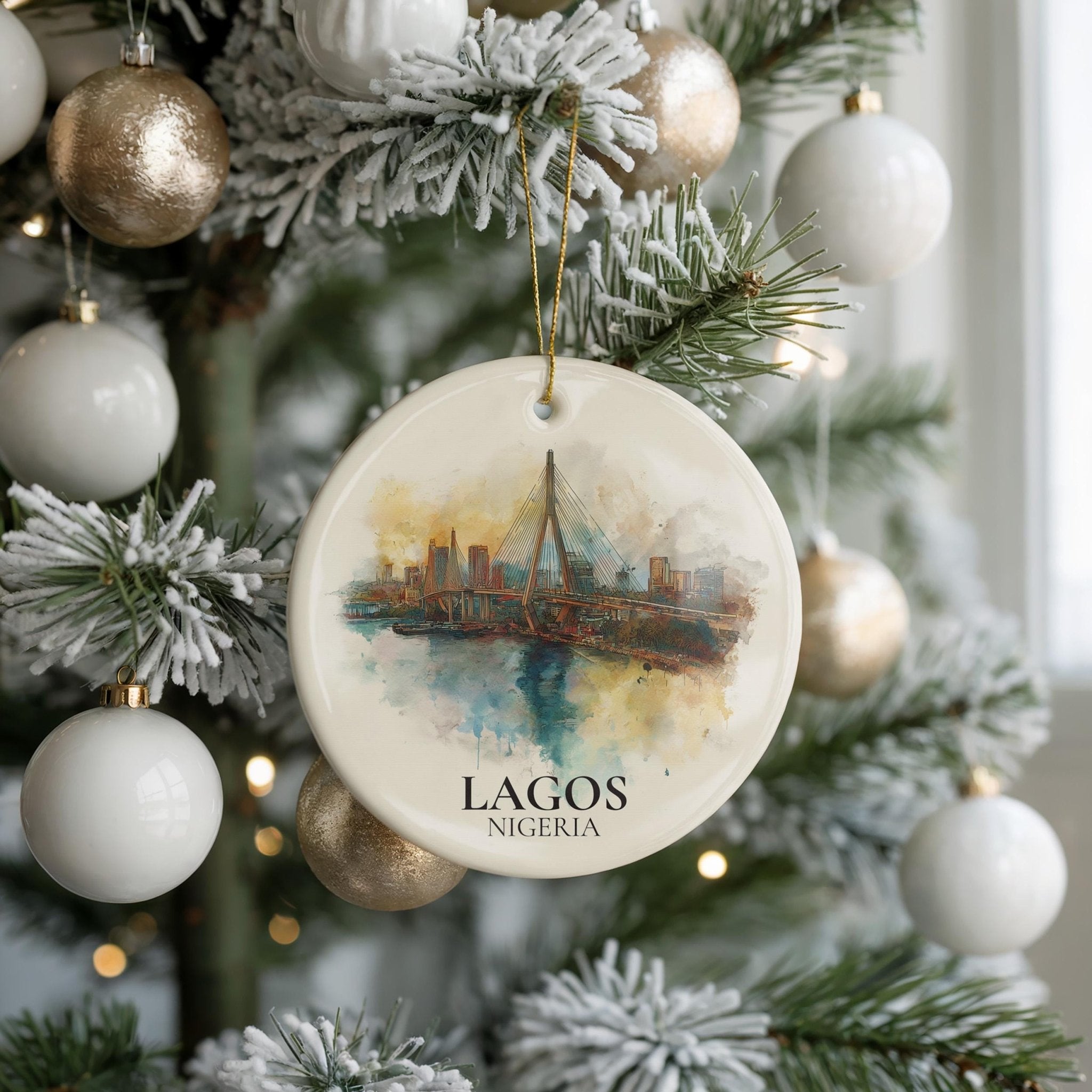 Lagos Nigeria Personalized Watercolor Ornament, Custom Ceramic Christmas gift, Travel Keepsake - CuteBeePix