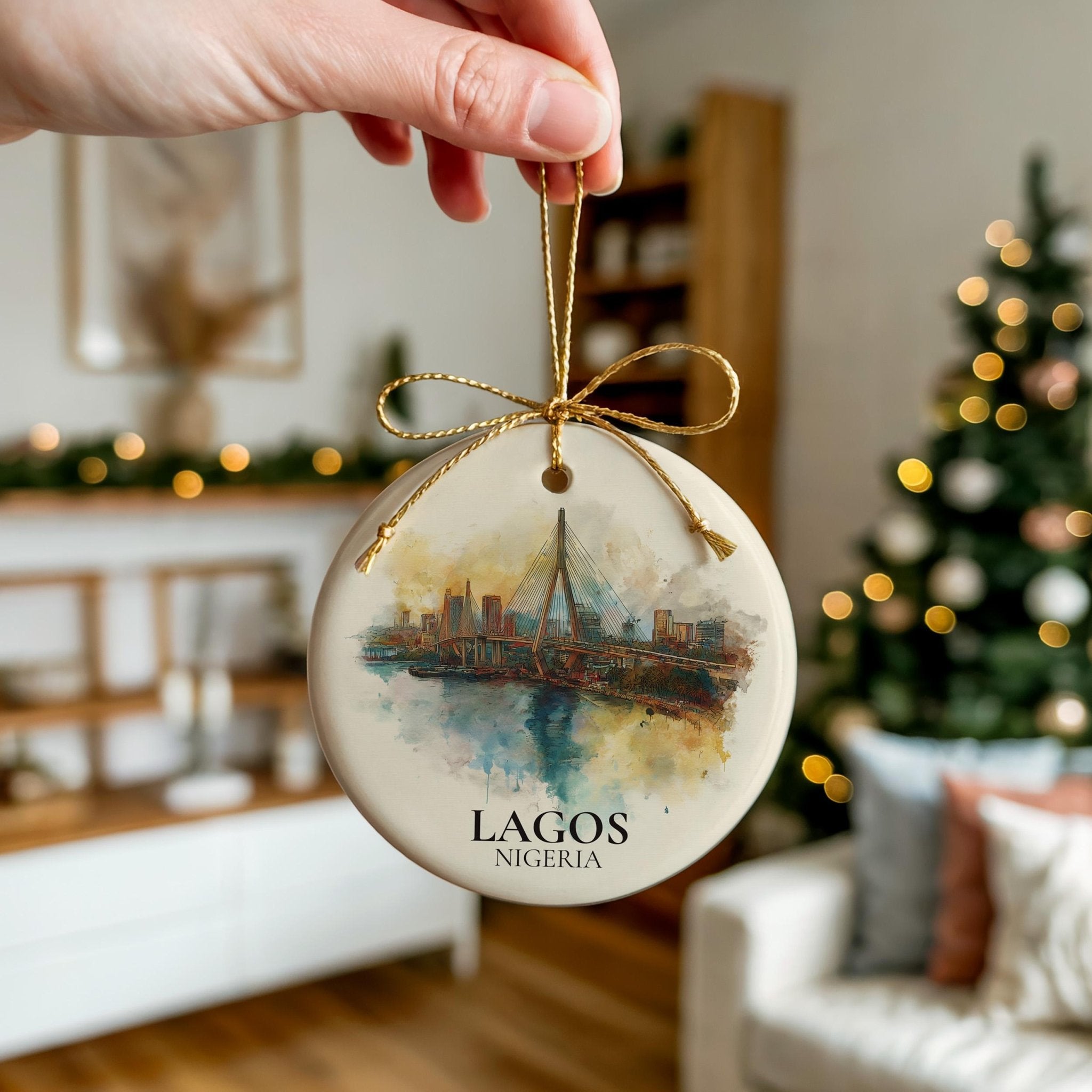 Lagos Nigeria Personalized Watercolor Ornament, Custom Ceramic Christmas gift, Travel Keepsake - CuteBeePix