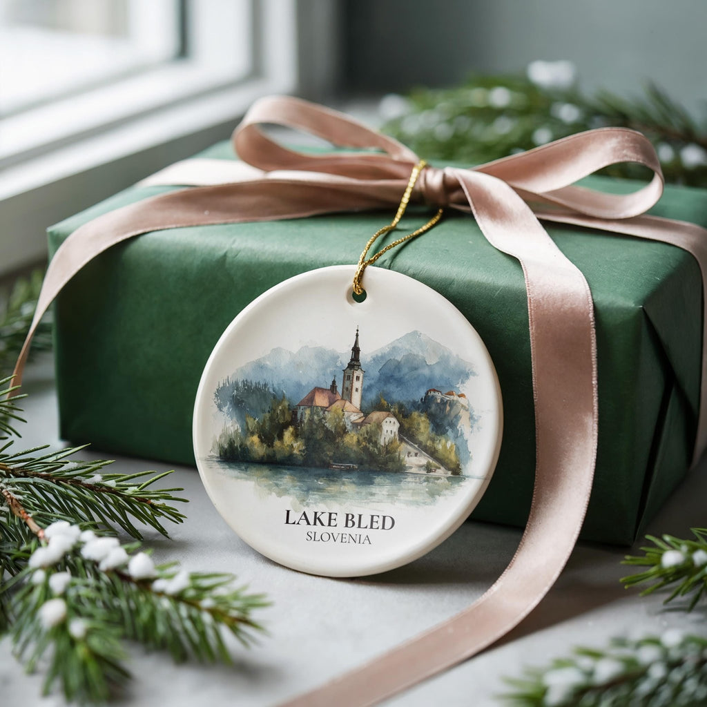 Lake Bled Slovenia Personalized Watercolor Ornament, Custom Ceramic Christmas gift, Travel Keepsake - CuteBeePix