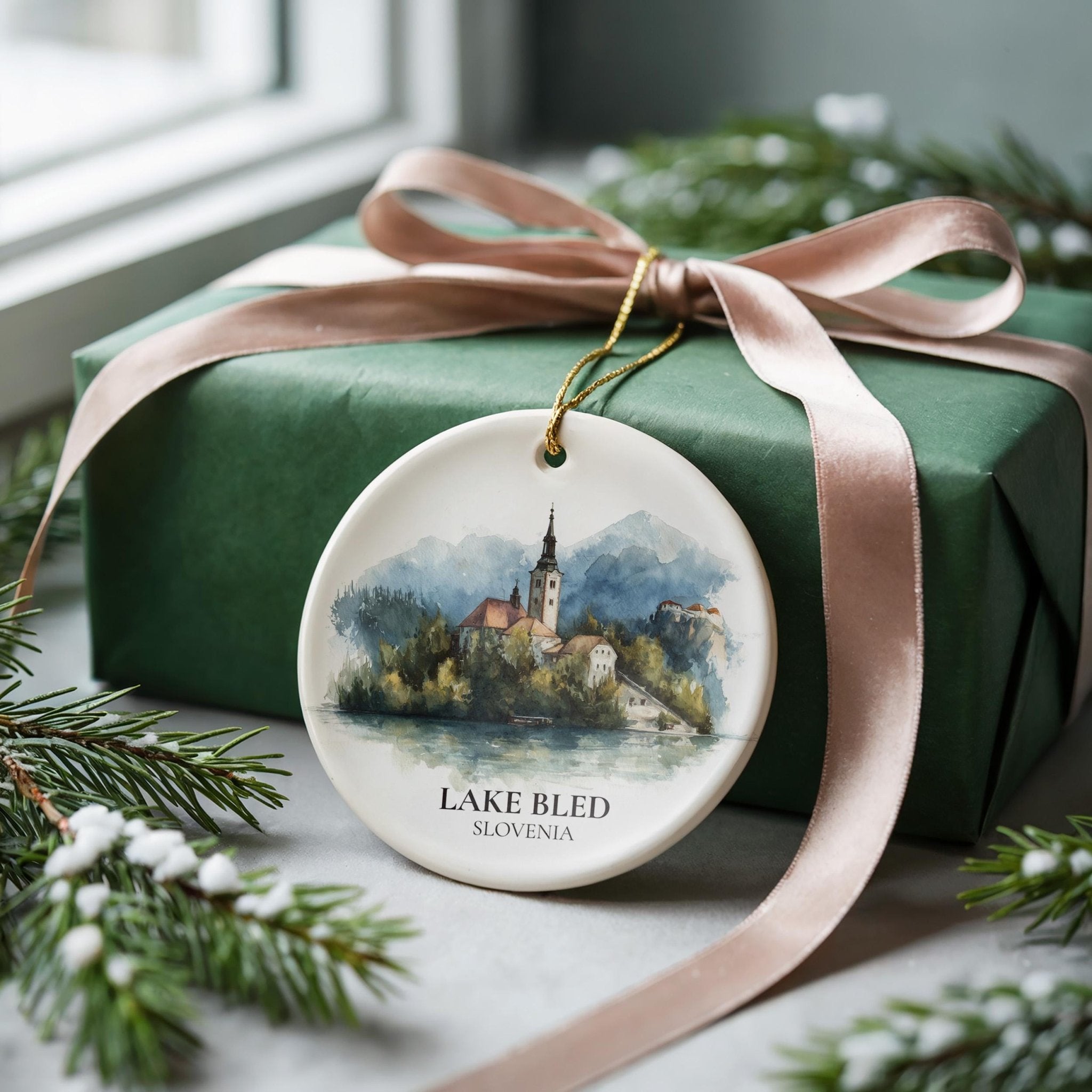 Lake Bled Slovenia Personalized Watercolor Ornament, Custom Ceramic Christmas gift, Travel Keepsake - CuteBeePix