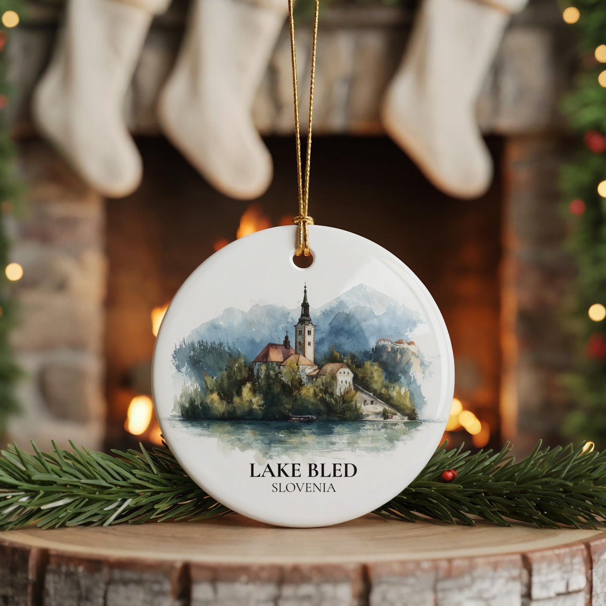 Lake Bled Slovenia Personalized Watercolor Ornament, Custom Ceramic Christmas gift, Travel Keepsake - CuteBeePix