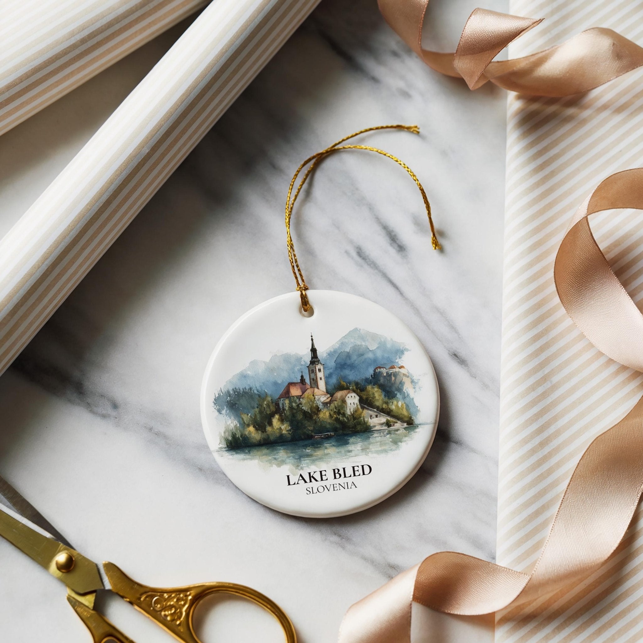 Lake Bled Slovenia Personalized Watercolor Ornament, Custom Ceramic Christmas gift, Travel Keepsake - CuteBeePix
