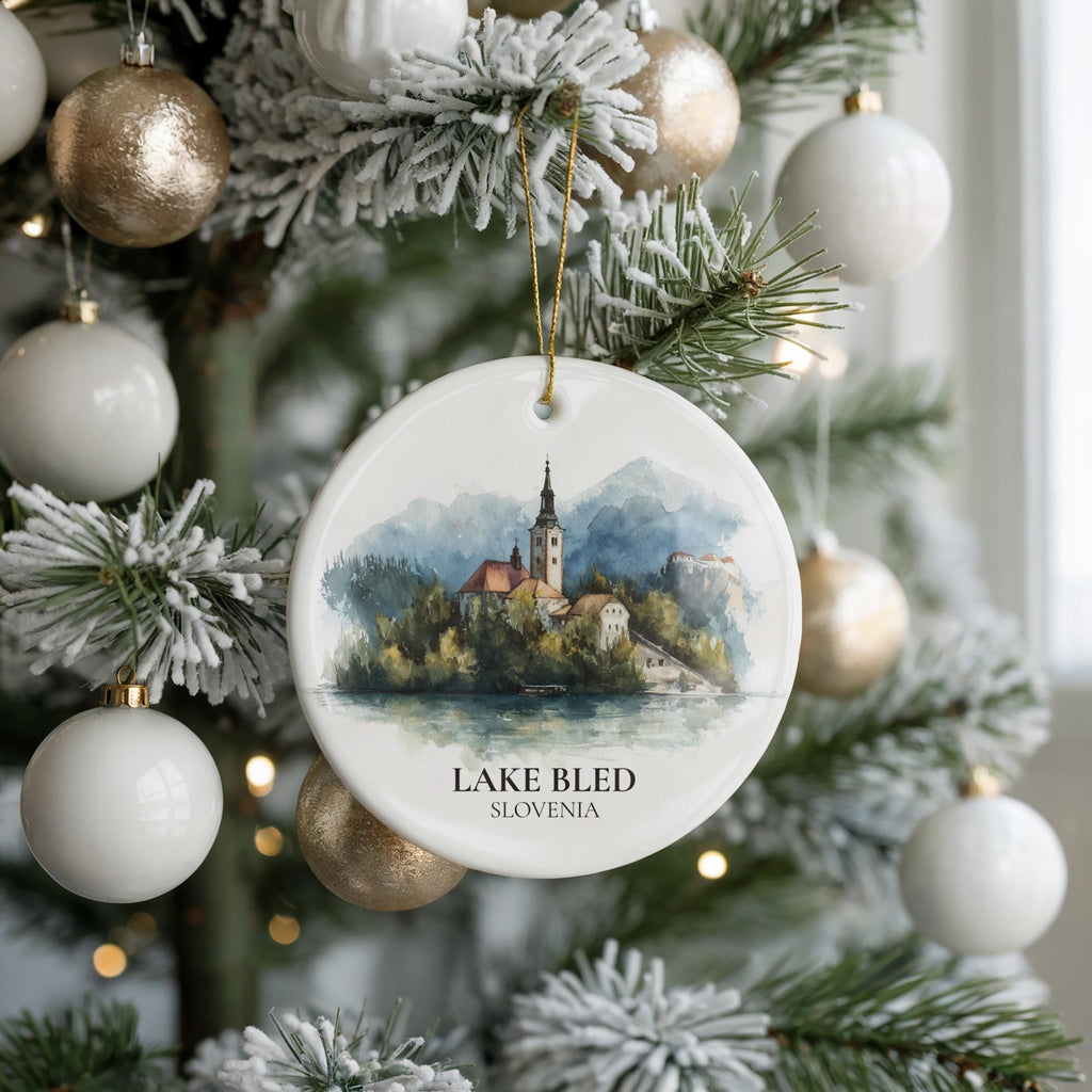 Lake Bled Slovenia Personalized Watercolor Ornament, Custom Ceramic Christmas gift, Travel Keepsake - CuteBeePix