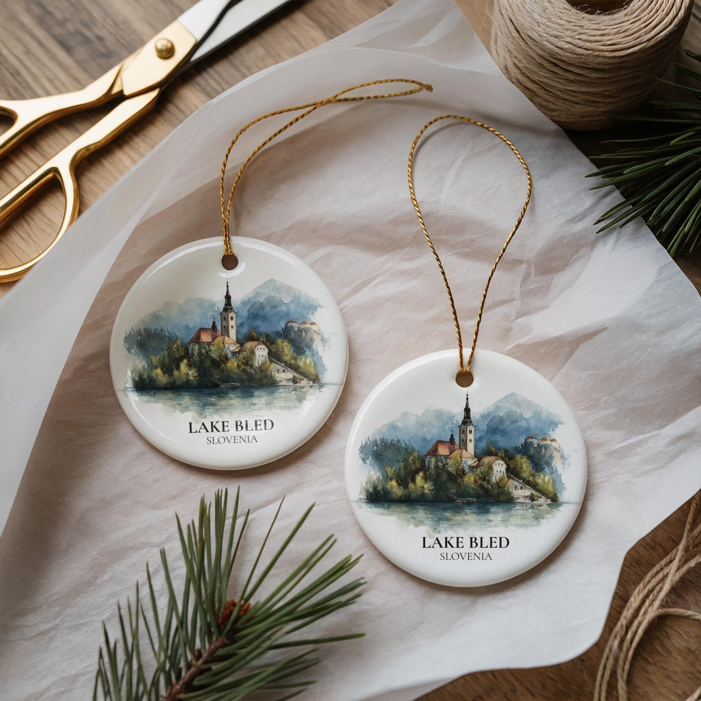 Lake Bled Slovenia Personalized Watercolor Ornament, Custom Ceramic Christmas gift, Travel Keepsake - CuteBeePix