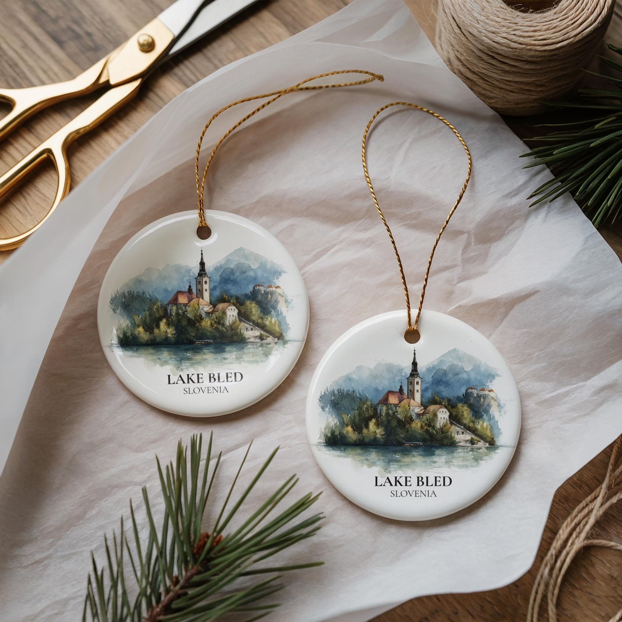 Lake Bled Slovenia Personalized Watercolor Ornament, Custom Ceramic Christmas gift, Travel Keepsake - CuteBeePix