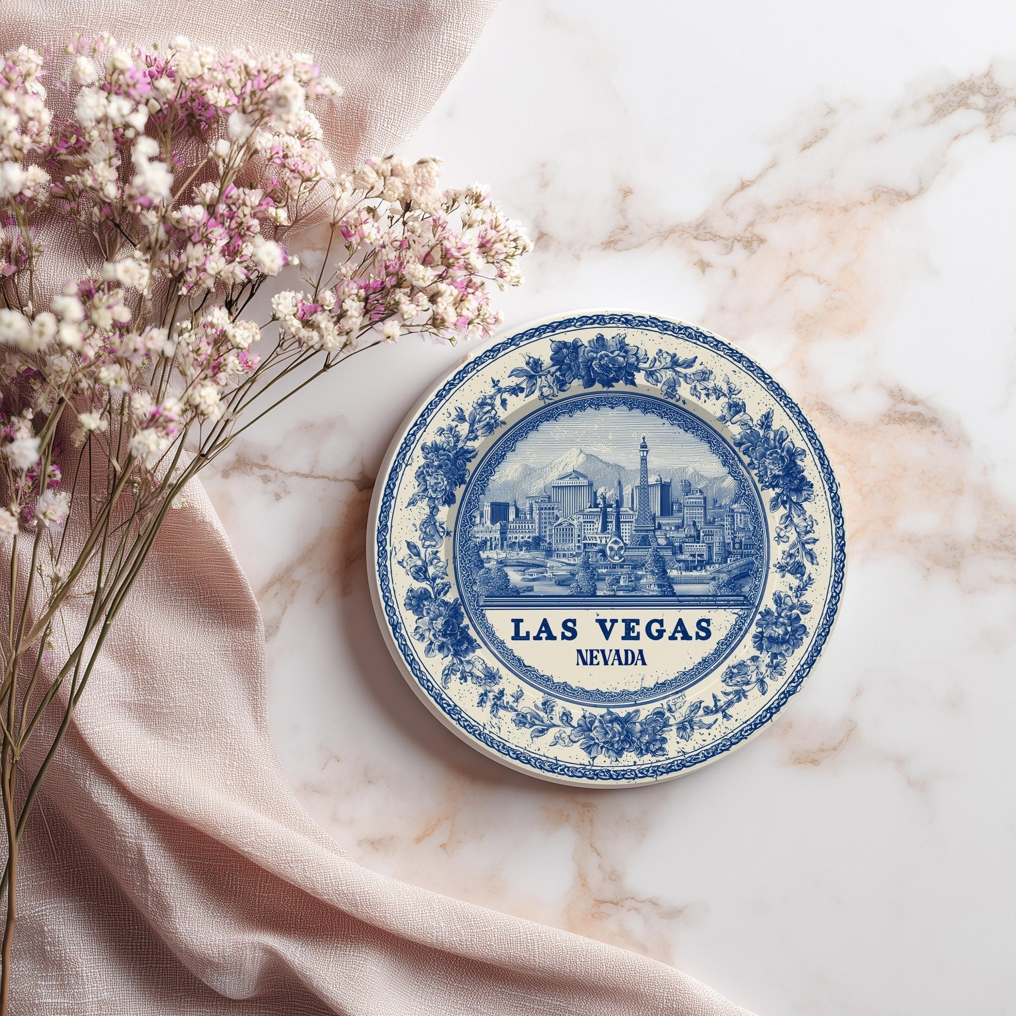 Las Vegas Nevada Delftware Ceramic Coaster, Blue White Travel Gift, Vintage Home Decor Collectible - CuteBeePix