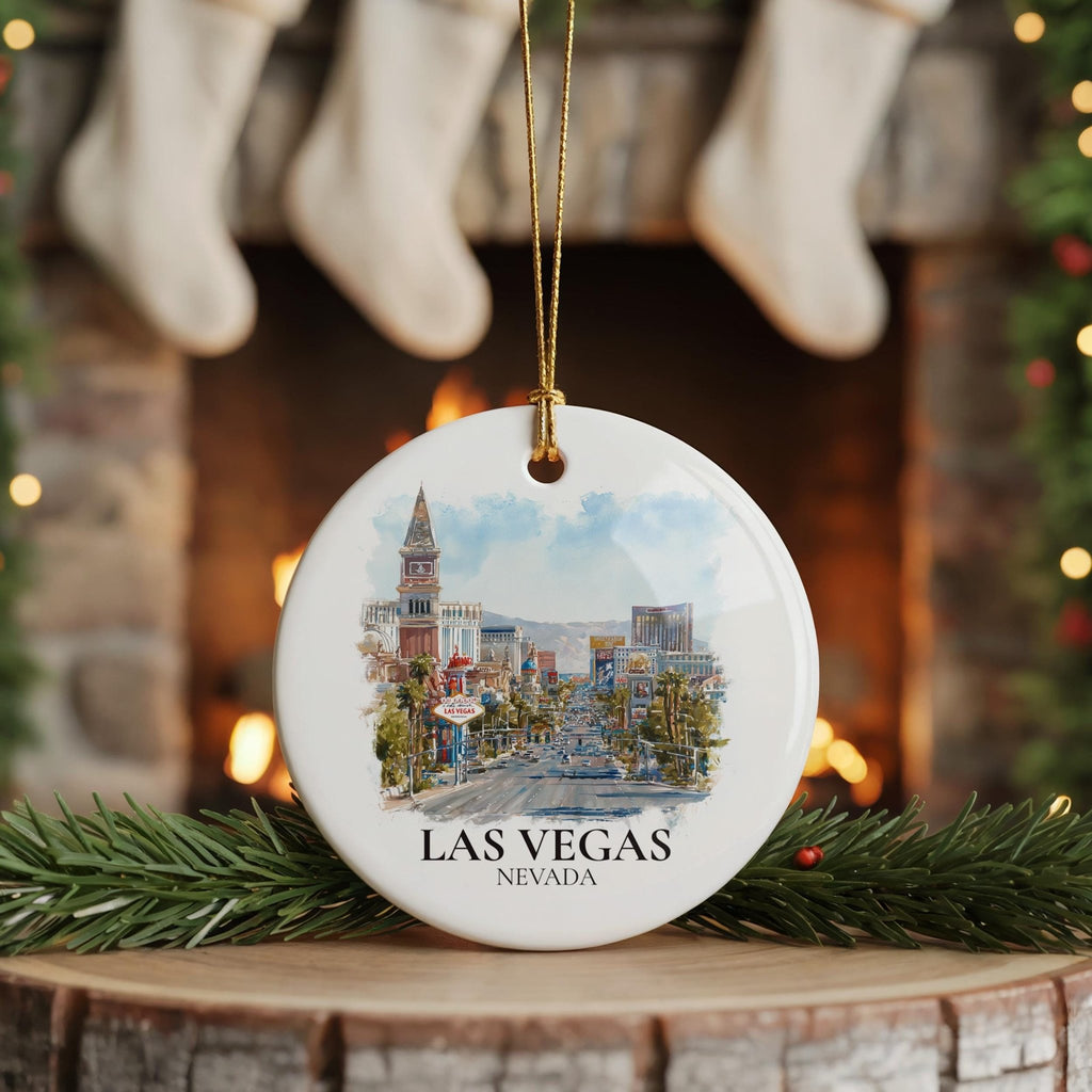 Las Vegas Nevada Personalized Watercolor Ornament, Custom Ceramic Christmas gift, Travel Keepsake - CuteBeePix