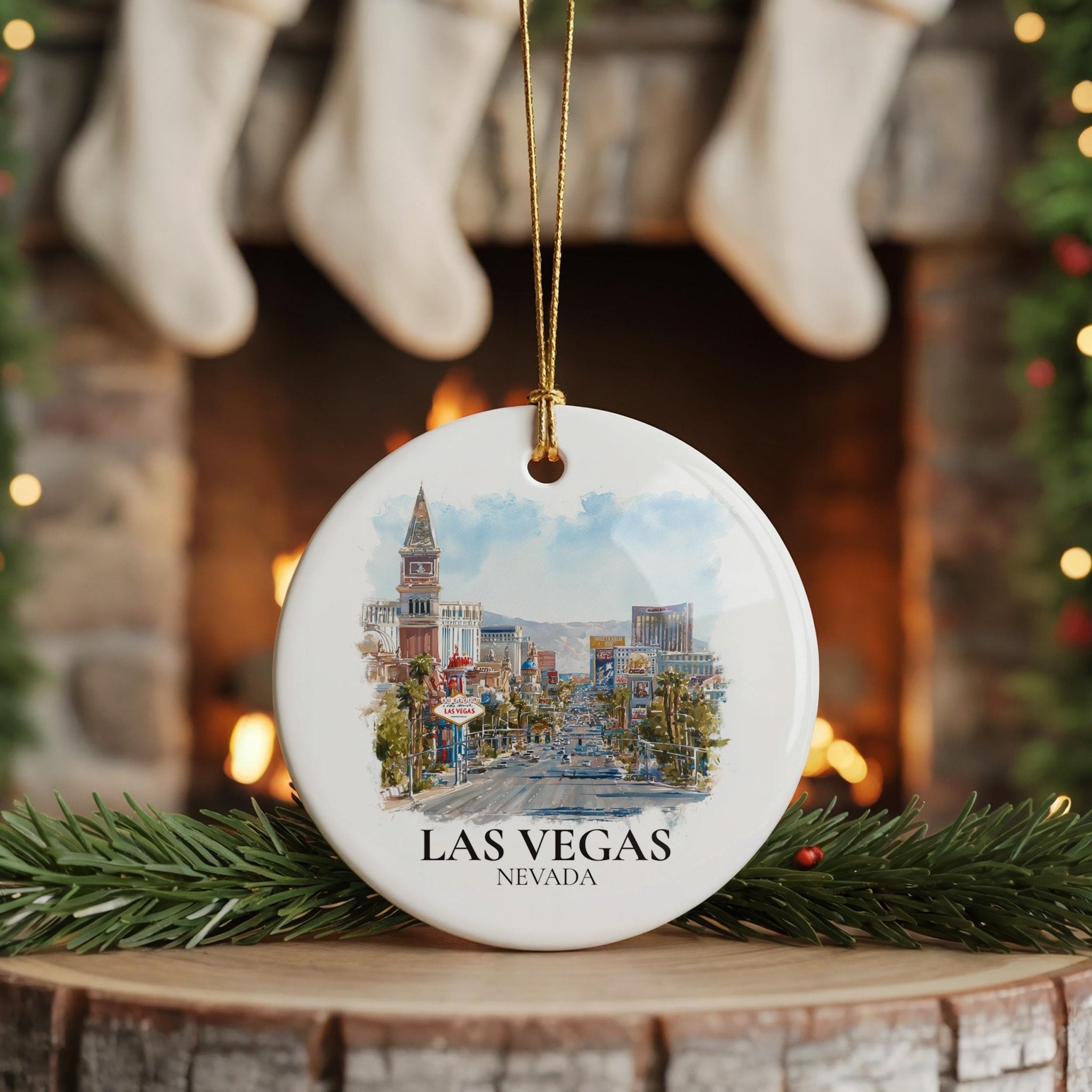 Las Vegas Nevada Personalized Watercolor Ornament, Custom Ceramic Christmas gift, Travel Keepsake - CuteBeePix