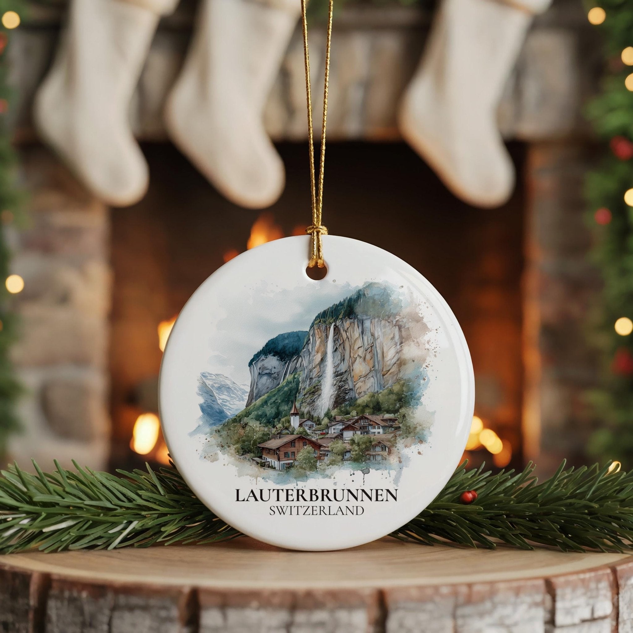 Lauterbrunnen Switzerland Personalized Watercolor Ornament, Custom Ceramic Christmas gift, Travel Keepsake - CuteBeePix