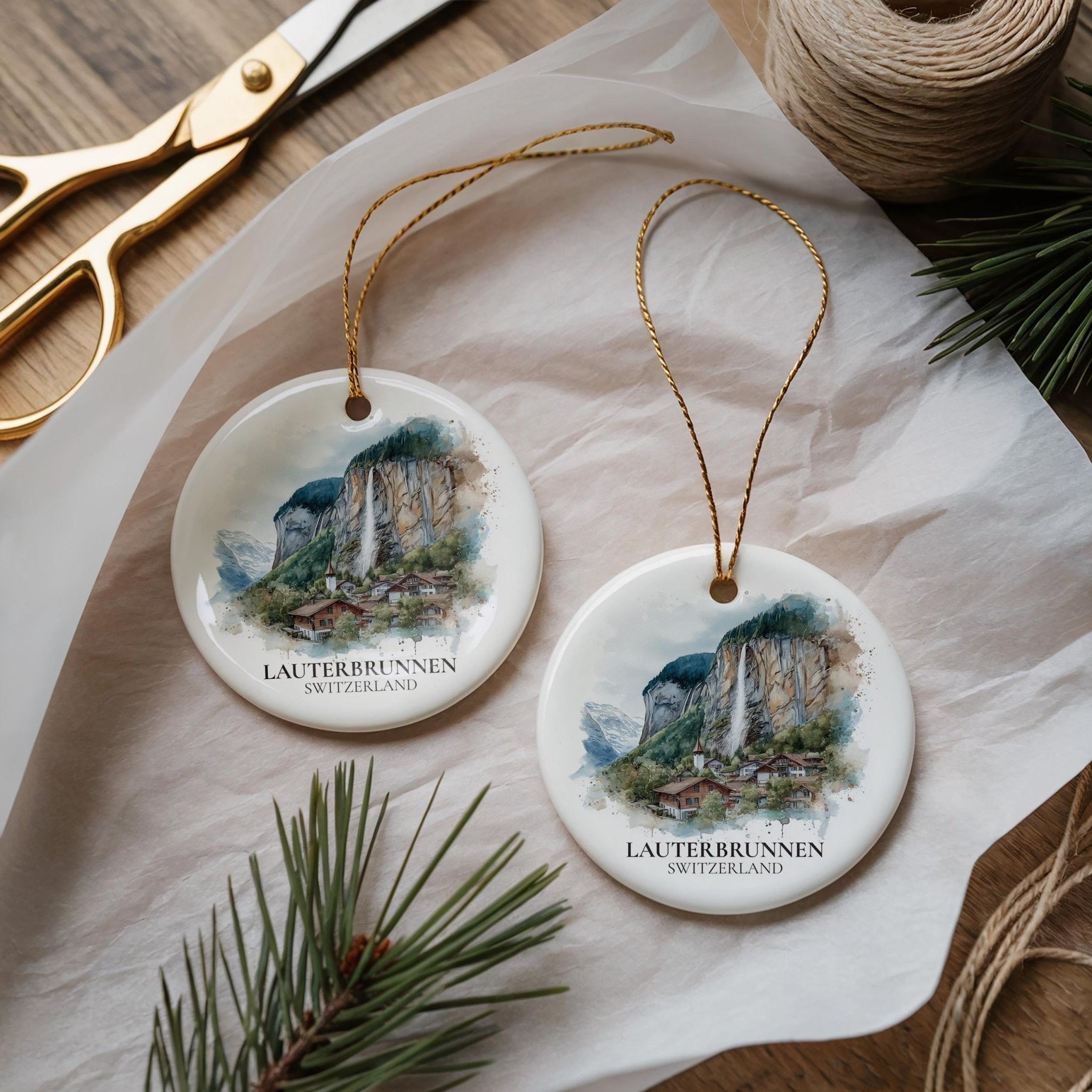 Lauterbrunnen Switzerland Personalized Watercolor Ornament, Custom Ceramic Christmas gift, Travel Keepsake - CuteBeePix