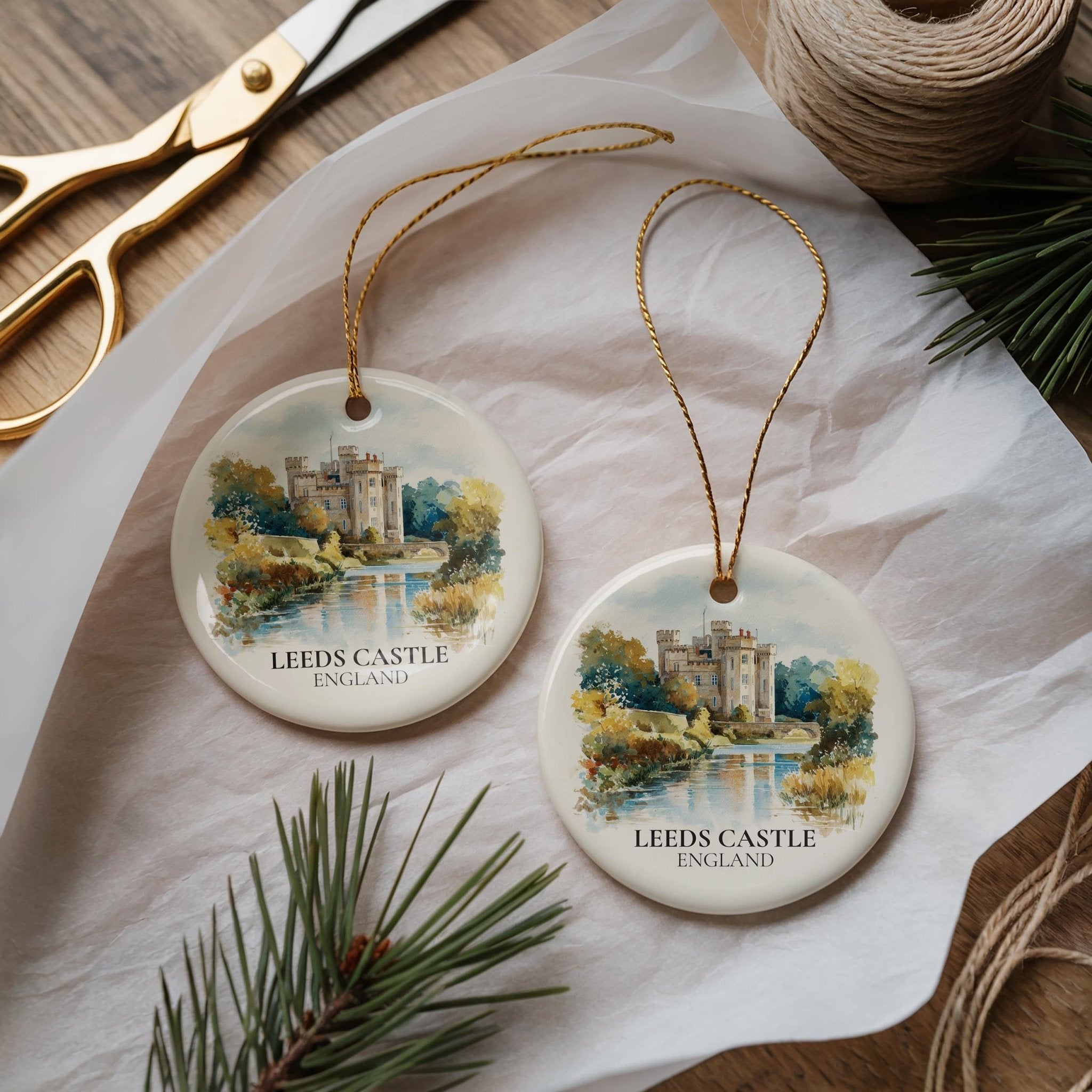 Leeds Castle England Personalized Watercolor Ornament, Custom Ceramic Christmas gift, Travel Keepsake - CuteBeePix