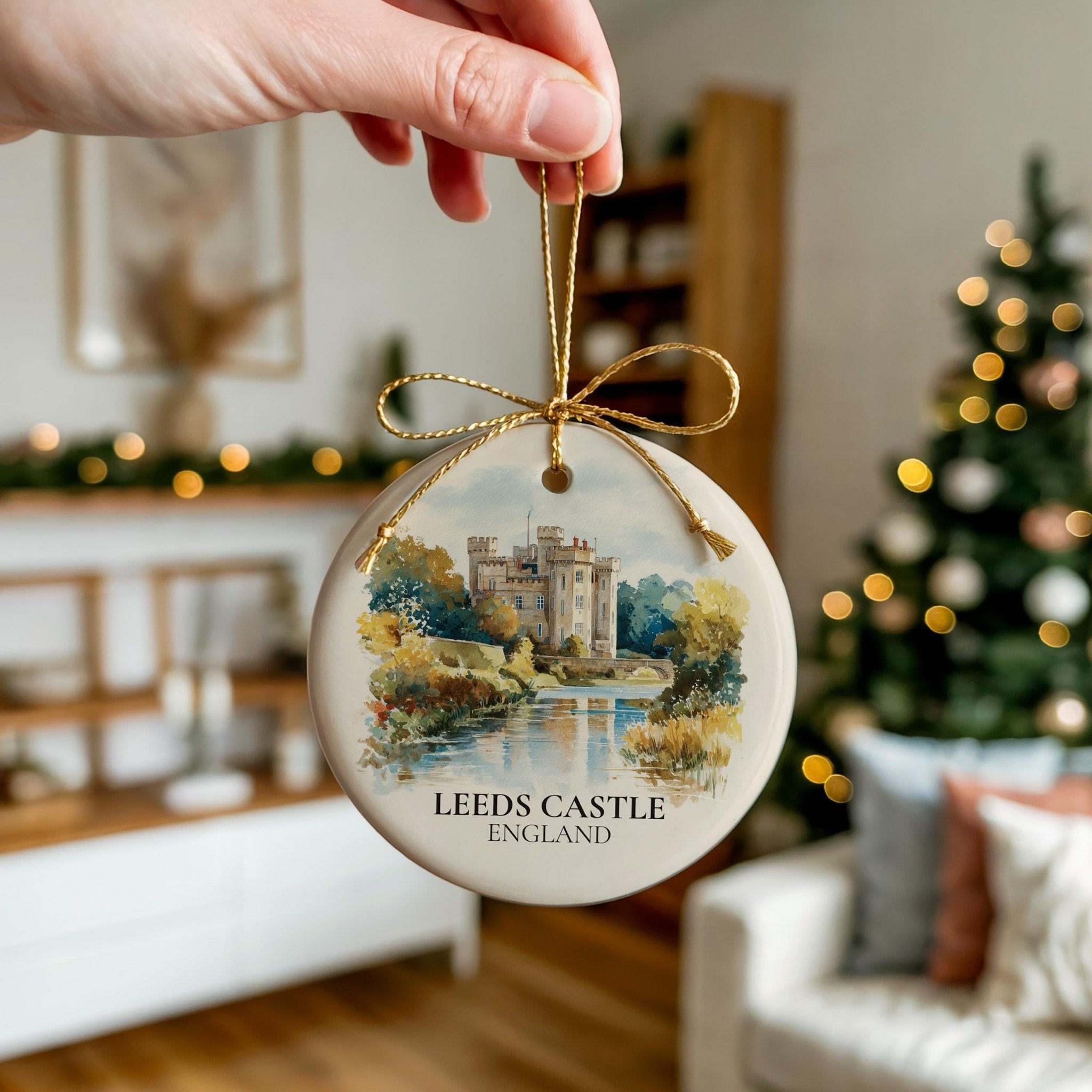 Leeds Castle England Personalized Watercolor Ornament, Custom Ceramic Christmas gift, Travel Keepsake - CuteBeePix