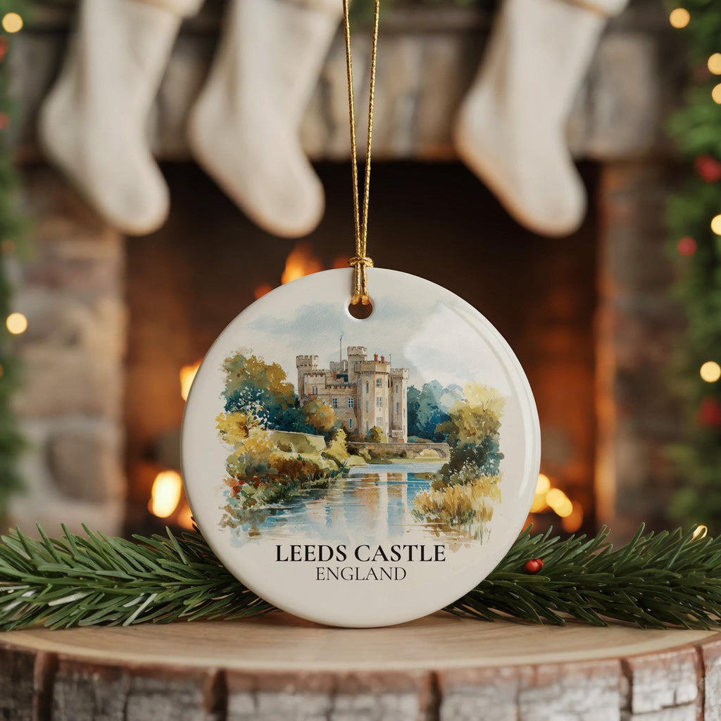 Leeds Castle England Personalized Watercolor Ornament, Custom Ceramic Christmas gift, Travel Keepsake - CuteBeePix