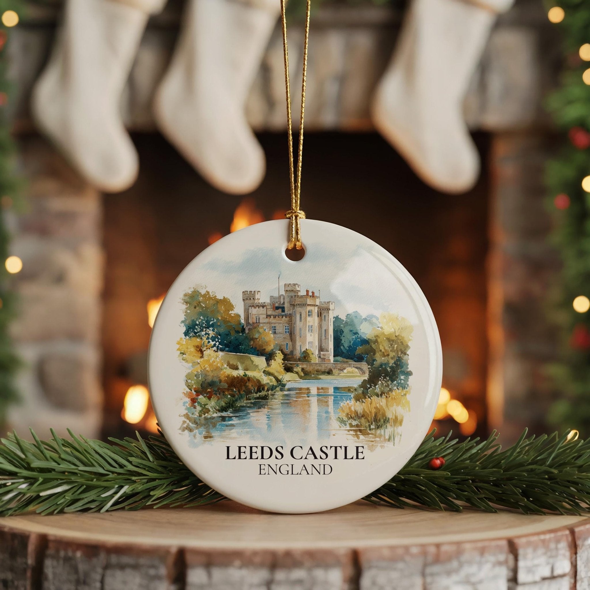 Leeds Castle England Personalized Watercolor Ornament, Custom Ceramic Christmas gift, Travel Keepsake - CuteBeePix