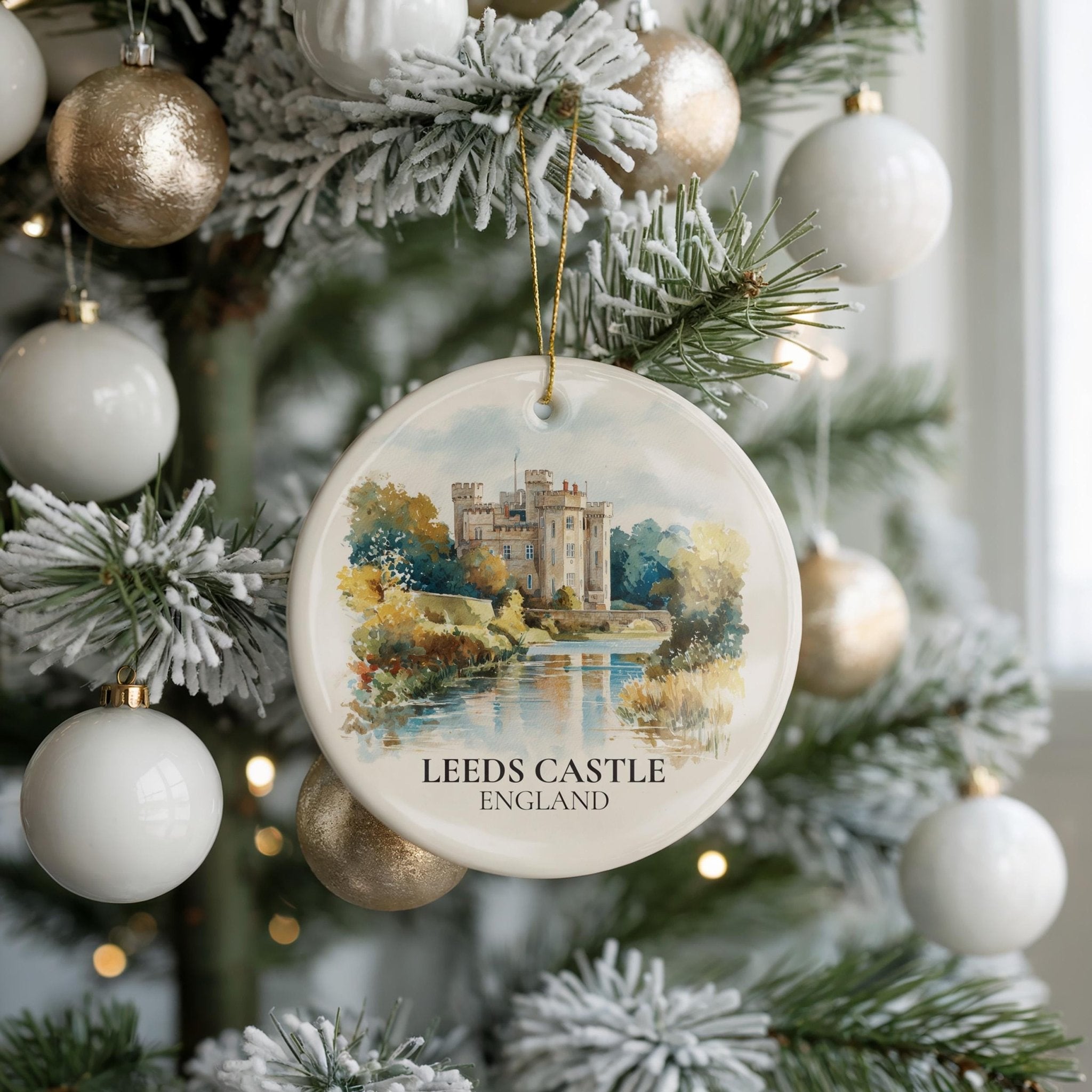 Leeds Castle England Personalized Watercolor Ornament, Custom Ceramic Christmas gift, Travel Keepsake - CuteBeePix
