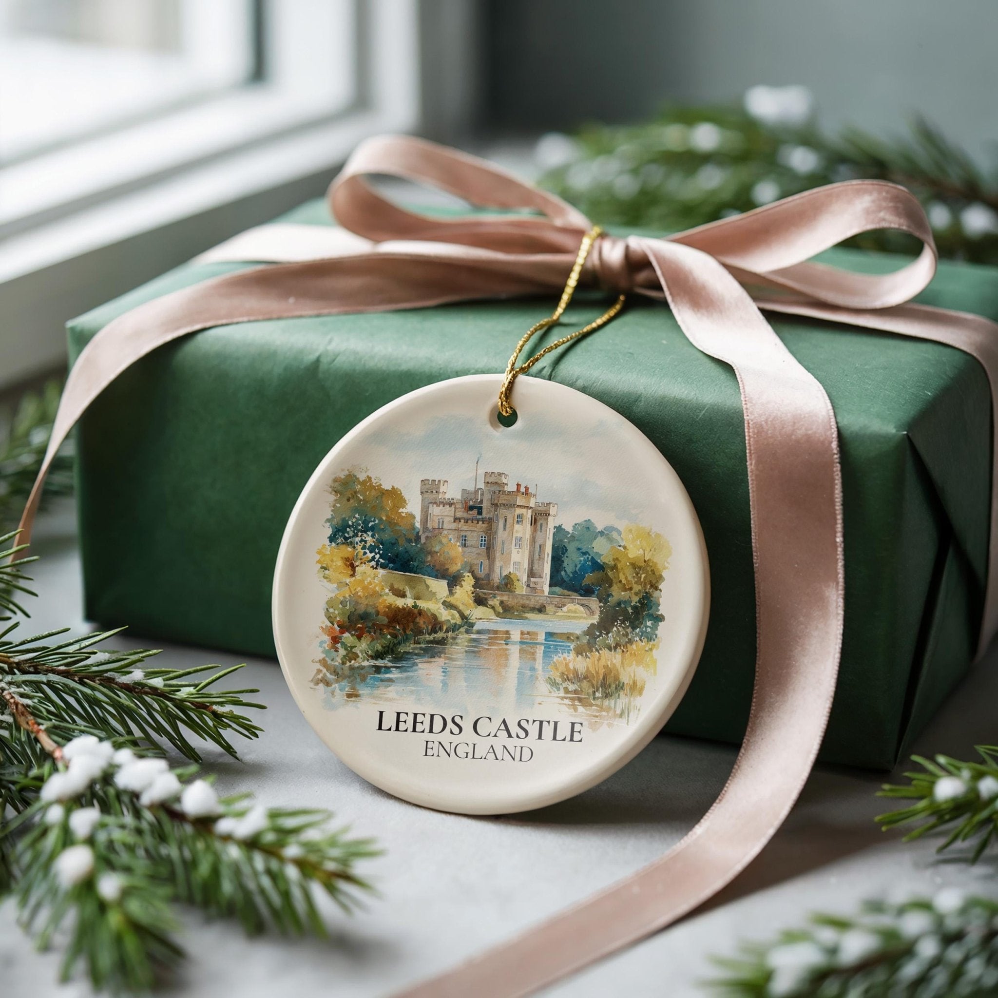Leeds Castle England Personalized Watercolor Ornament, Custom Ceramic Christmas gift, Travel Keepsake - CuteBeePix