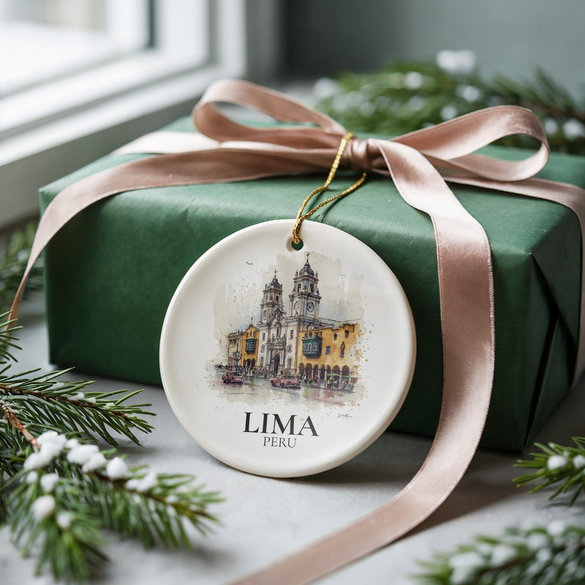 Lima Peru Personalized Watercolor Ornament, Custom Ceramic Christmas gift, Travel Keepsake - CuteBeePix