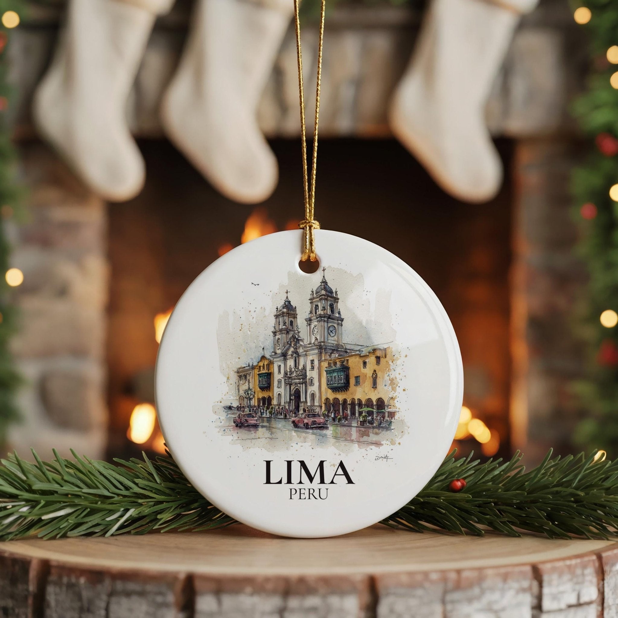 Lima Peru Personalized Watercolor Ornament, Custom Ceramic Christmas gift, Travel Keepsake - CuteBeePix