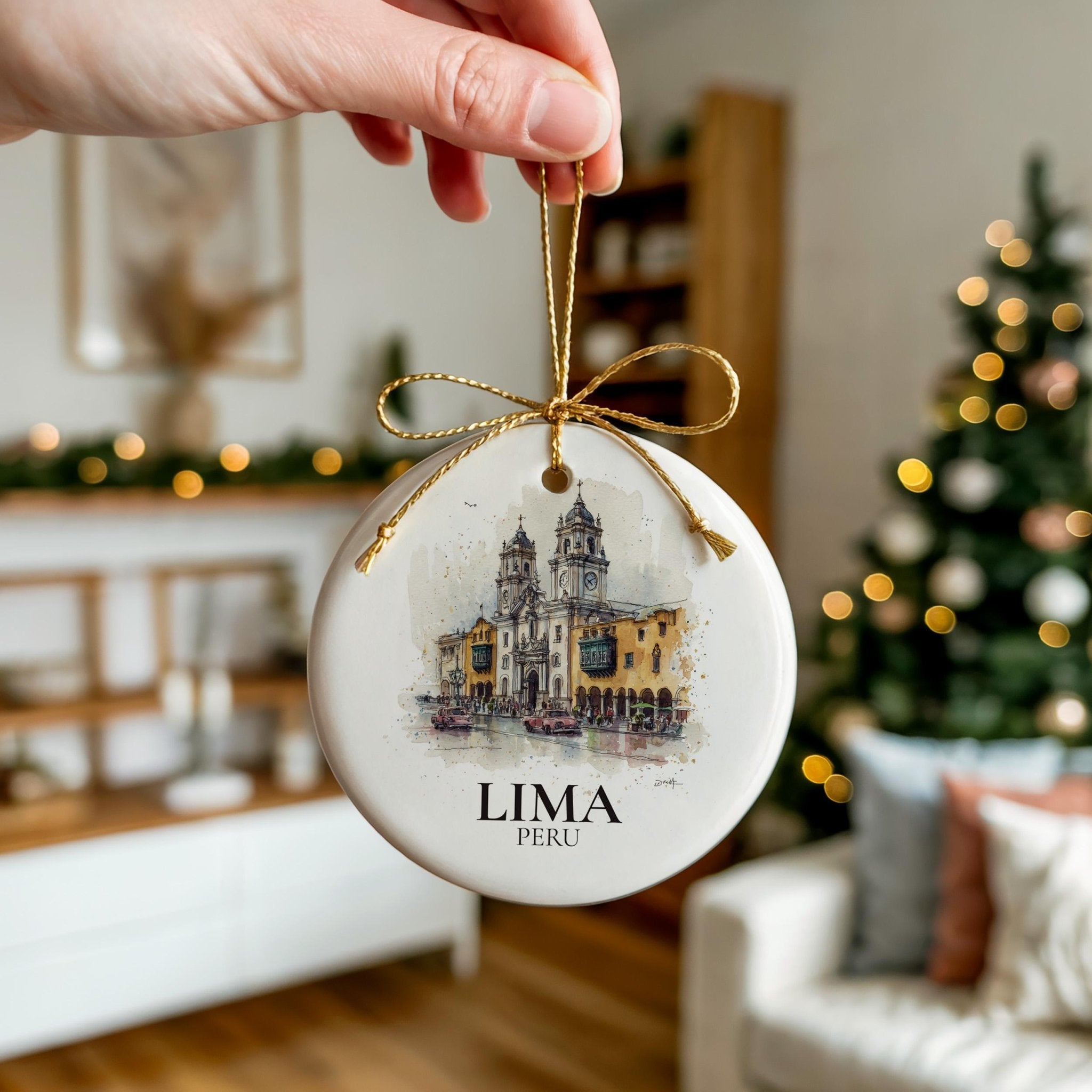 Lima Peru Personalized Watercolor Ornament, Custom Ceramic Christmas gift, Travel Keepsake - CuteBeePix